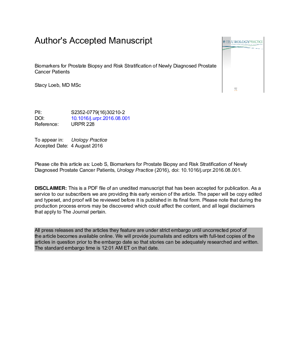 Biomarkers for Prostate Biopsy and Risk Stratification of Patients with Newly Diagnosed Prostate Cancer