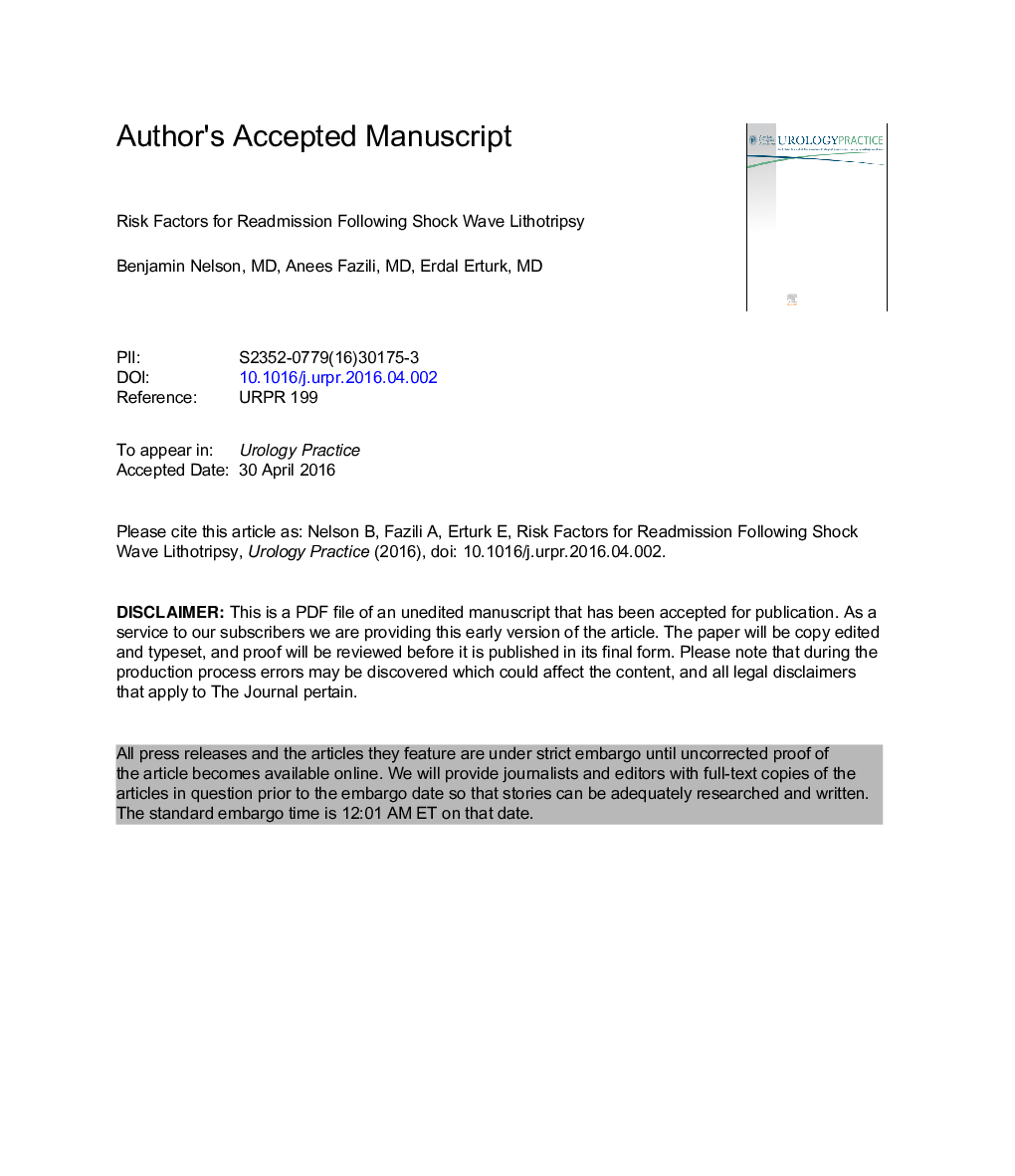 Risk Factors for Readmission after Shock Wave Lithotripsy for Urinary Stones