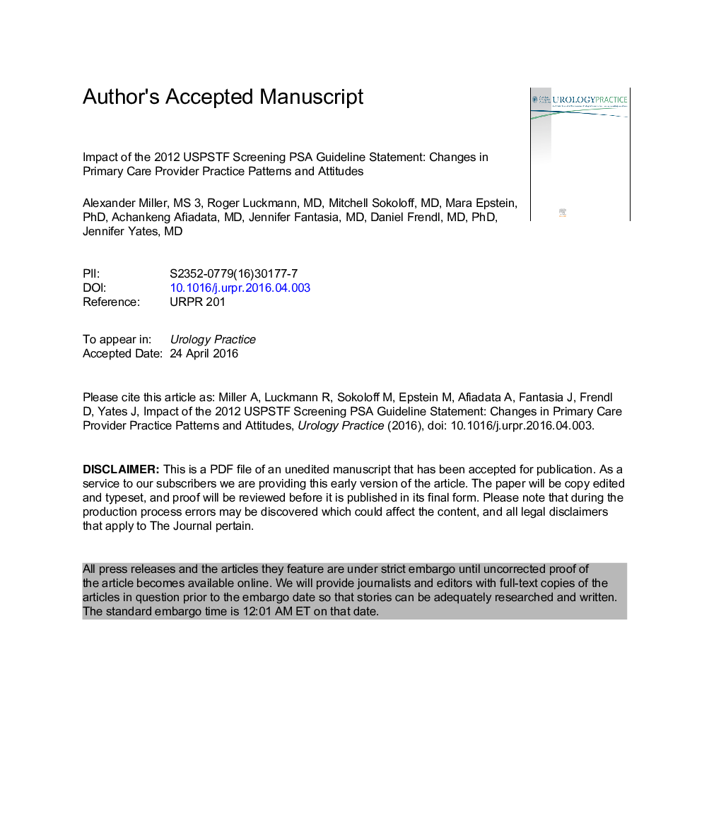 عکس صفحه اول مقاله: Impact of 2012 USPSTF Screening PSA Guideline Statement: Changes in Primary Care Provider Practice Patterns and Attitudes Impact of 2012 USPSTF Screening PSA Guideline Statement: Changes in Primary Care Provider Practice Patterns and Attitudes