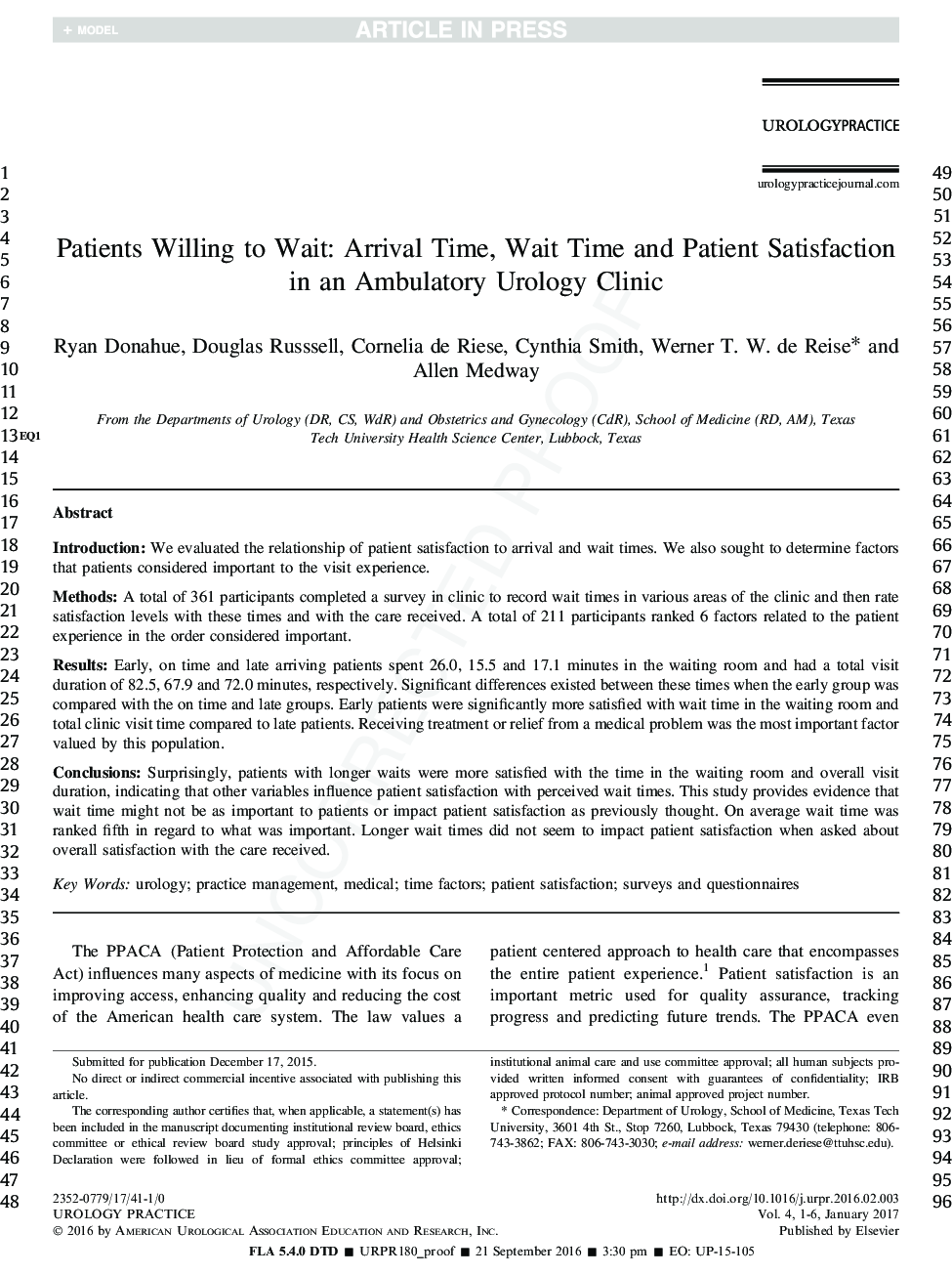 Patients Willing to Wait: Arrival Time, Wait Time and Patient Satisfaction in an Ambulatory Urology Clinic