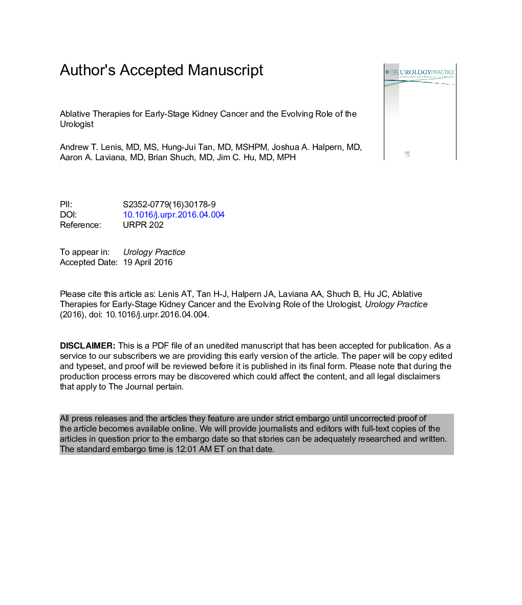 Ablative Therapies for Early Stage Kidney Cancer and the Evolving Role of the Urologist