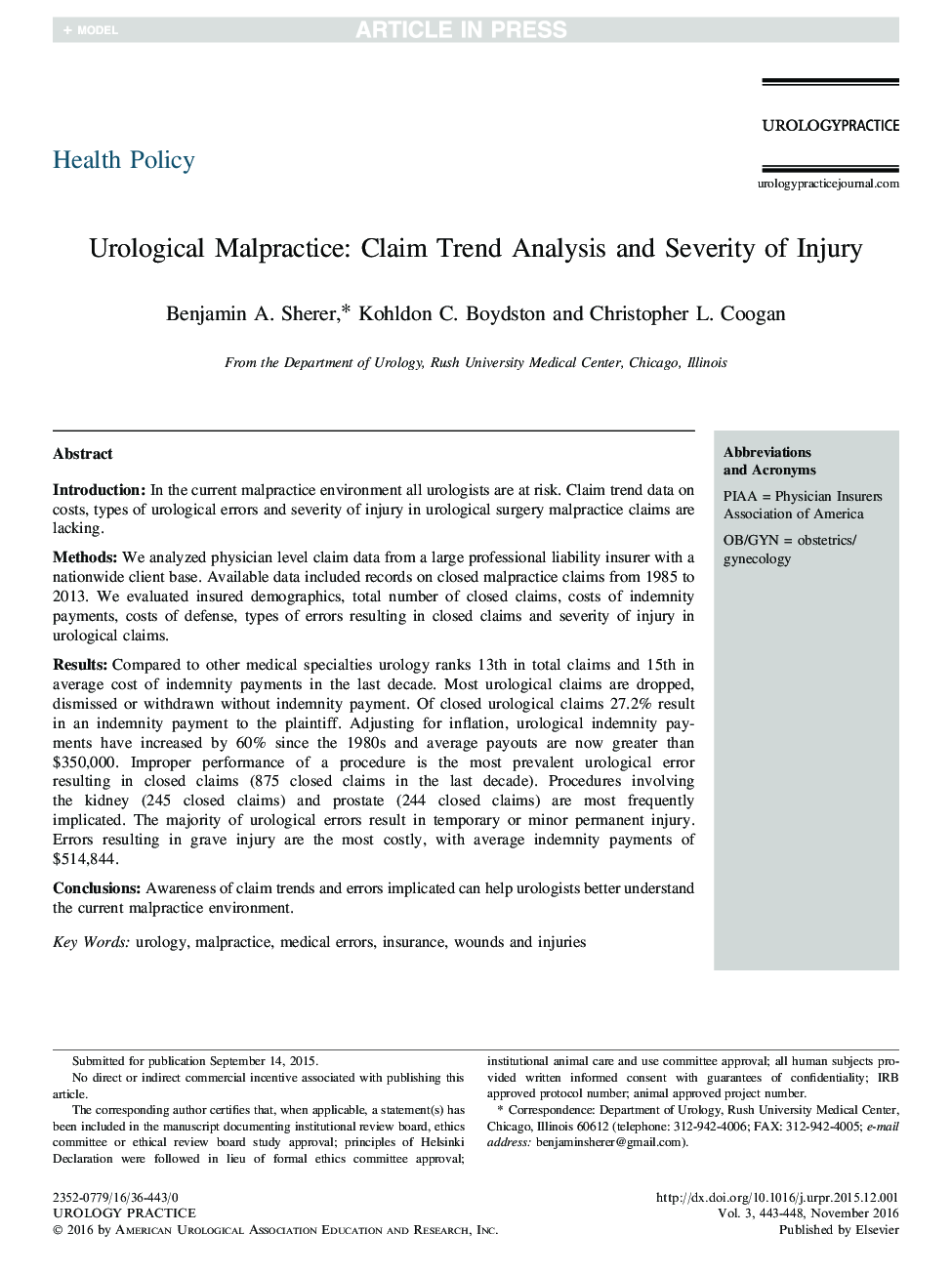 Urological Malpractice: Claim Trend Analysis and Severity of Injury