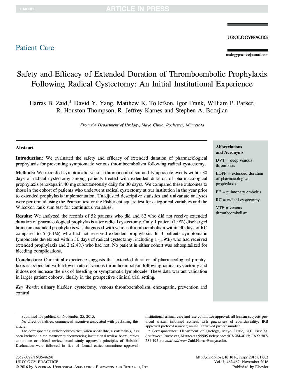 Safety and Efficacy of Extended Duration of Thromboembolic Prophylaxis Following Radical Cystectomy: An Initial Institutional Experience