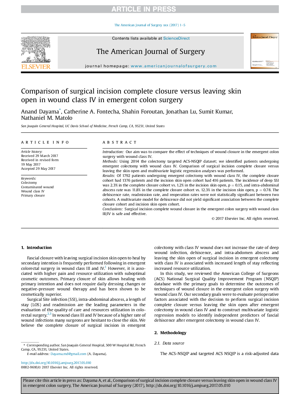 Comparison of surgical incision complete closure versus leaving skin open in wound class IV in emergent colon surgery