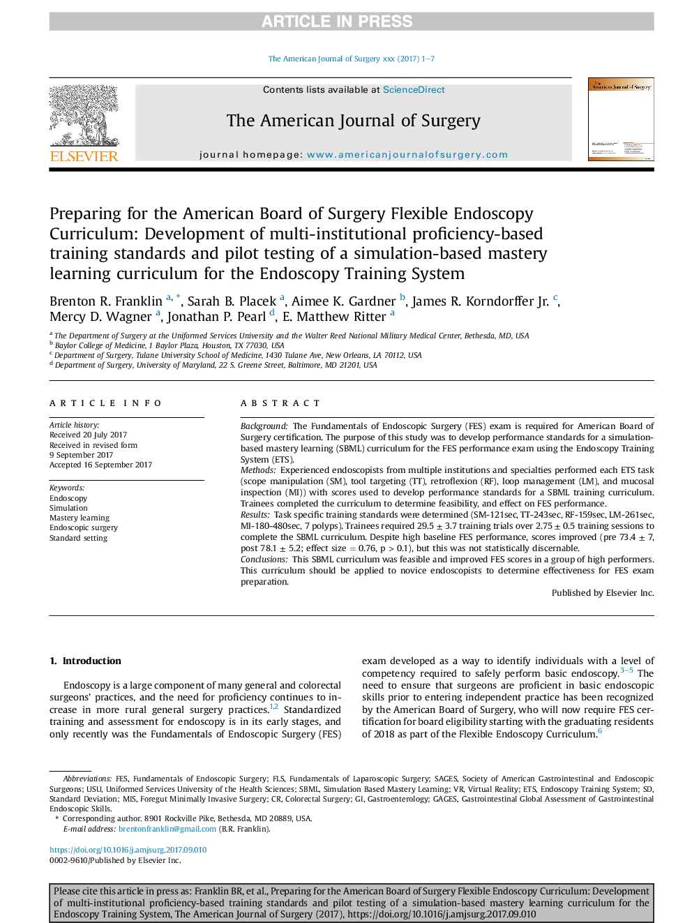 Preparing for the American Board of Surgery Flexible Endoscopy Curriculum: Development of multi-institutional proficiency-based training standards and pilot testing of a simulation-based mastery learning curriculum for the Endoscopy Training System