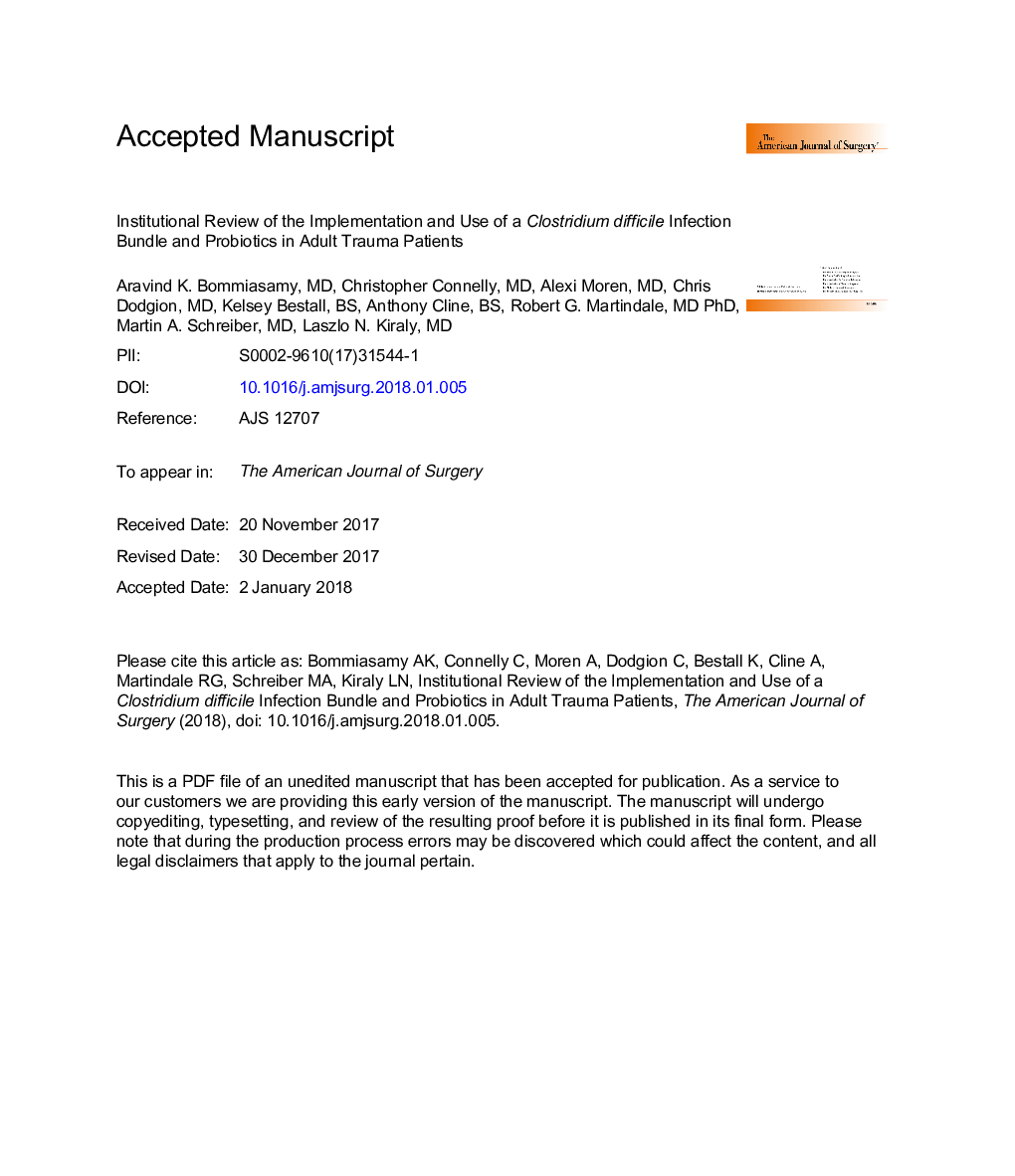 Institutional review of the implementation and use of a Clostridium difficile infection bundle and probiotics in adult trauma patients