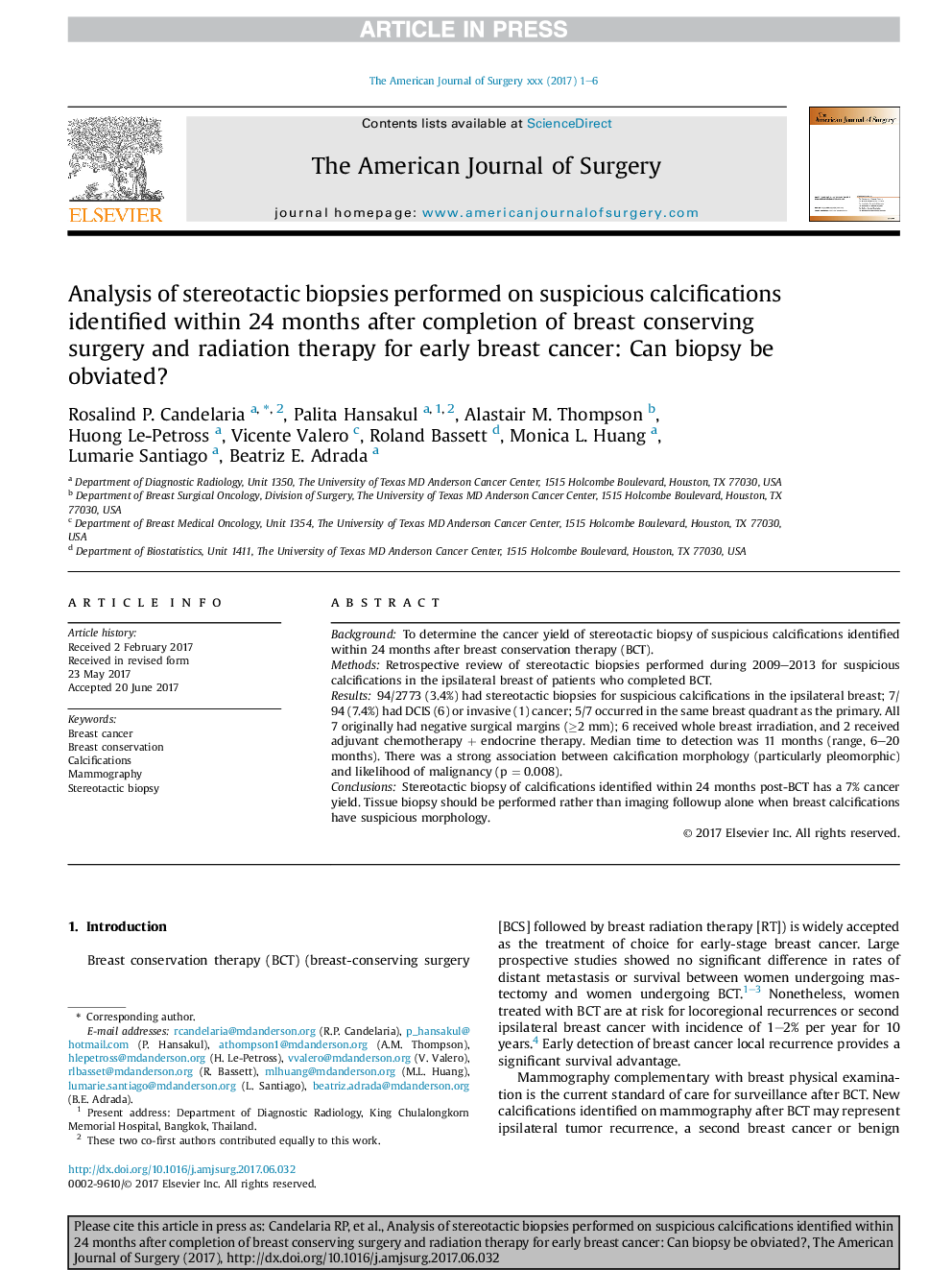 Analysis of stereotactic biopsies performed on suspicious calcifications identified within 24 months after completion of breast conserving surgery and radiation therapy for early breast cancer: Can biopsy be obviated?