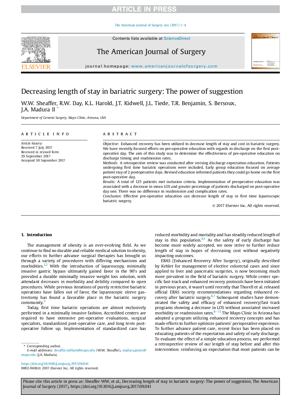 Decreasing length of stay in bariatric surgery: The power of suggestion