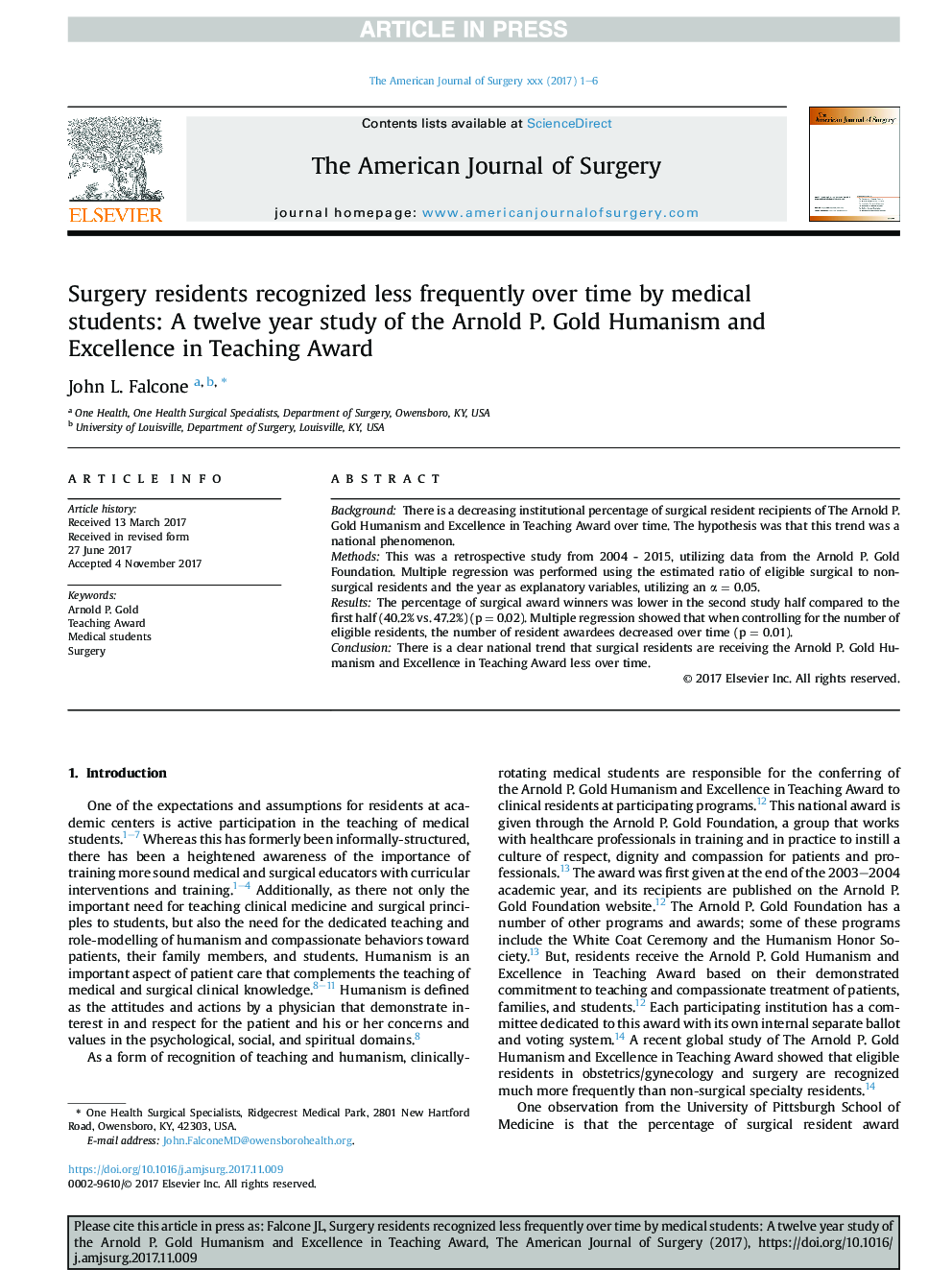 Surgery residents recognized less frequently over time by medical students: A twelve year study of the Arnold P. Gold Humanism and Excellence in Teaching Award