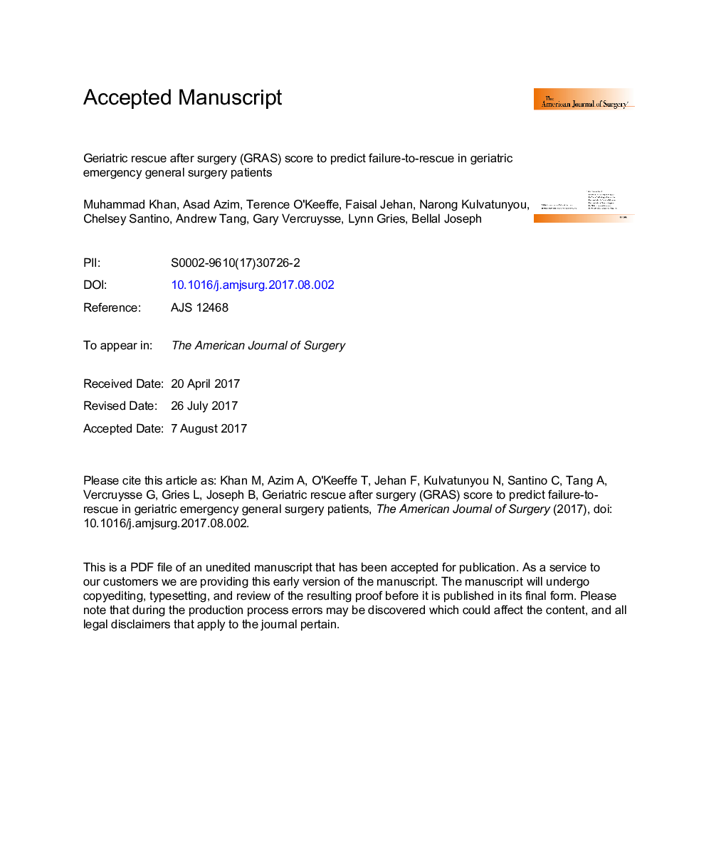 Geriatric rescue after surgery (GRAS) score to predict failure-to-rescue in geriatric emergency general surgery patients