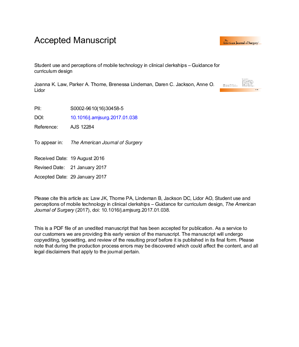 Student use and perceptions of mobile technology in clinical clerkships - Guidance for curriculum design