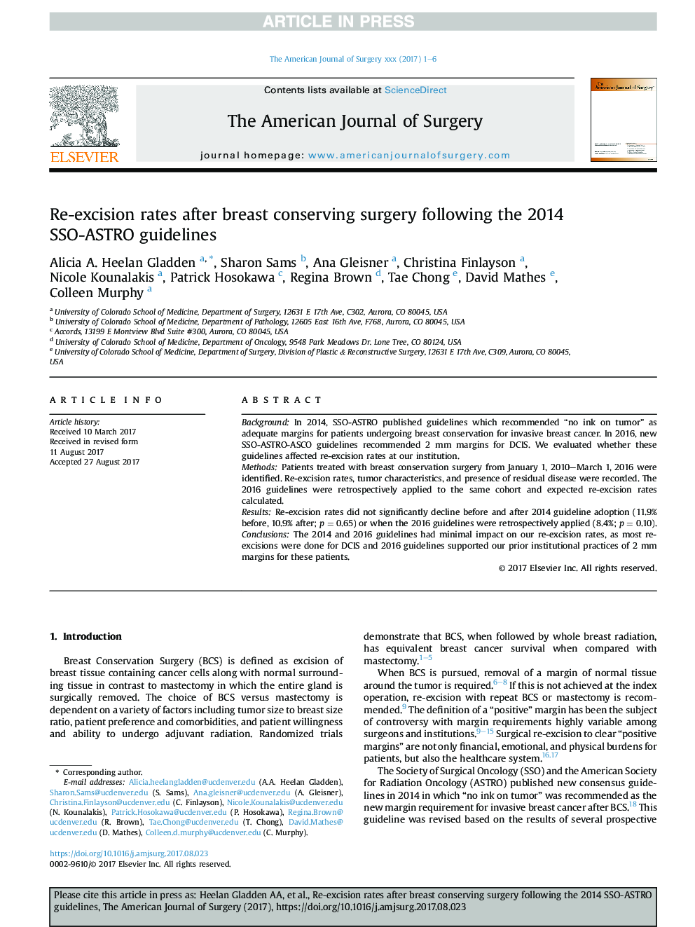 Re-excision rates after breast conserving surgery following the 2014 SSO-ASTRO guidelines