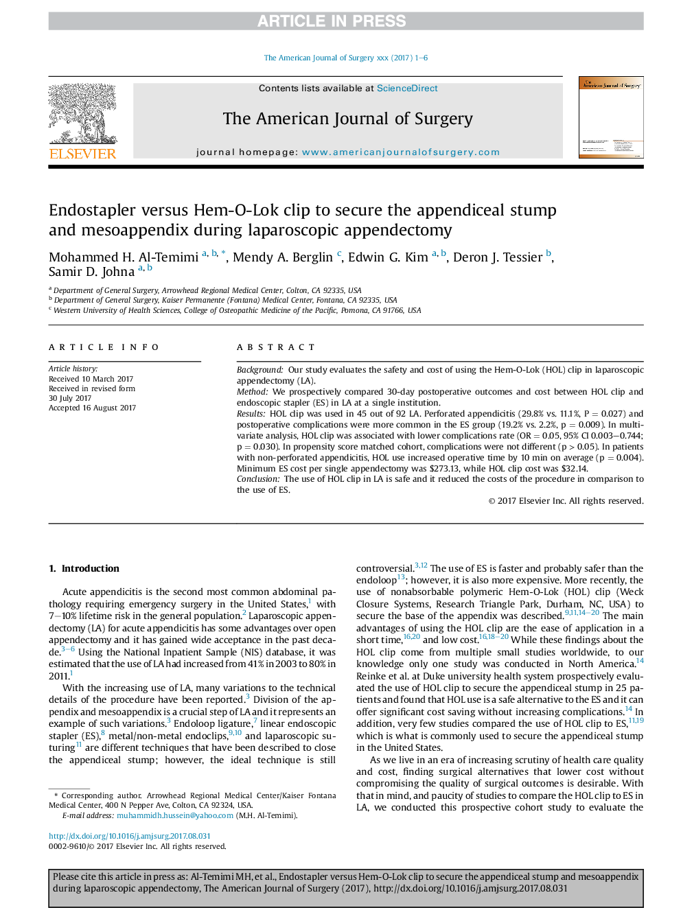 Endostapler versus Hem-O-Lok clip to secure the appendiceal stump and mesoappendix during laparoscopic appendectomy