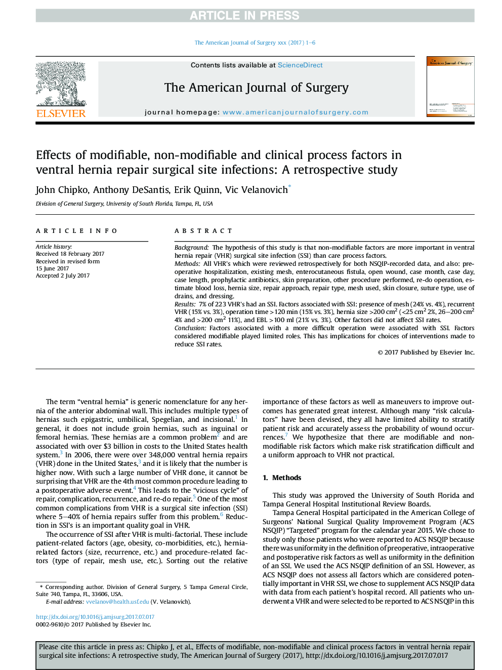 Effects of modifiable, non-modifiable and clinical process factors in ventral hernia repair surgical site infections: A retrospective study