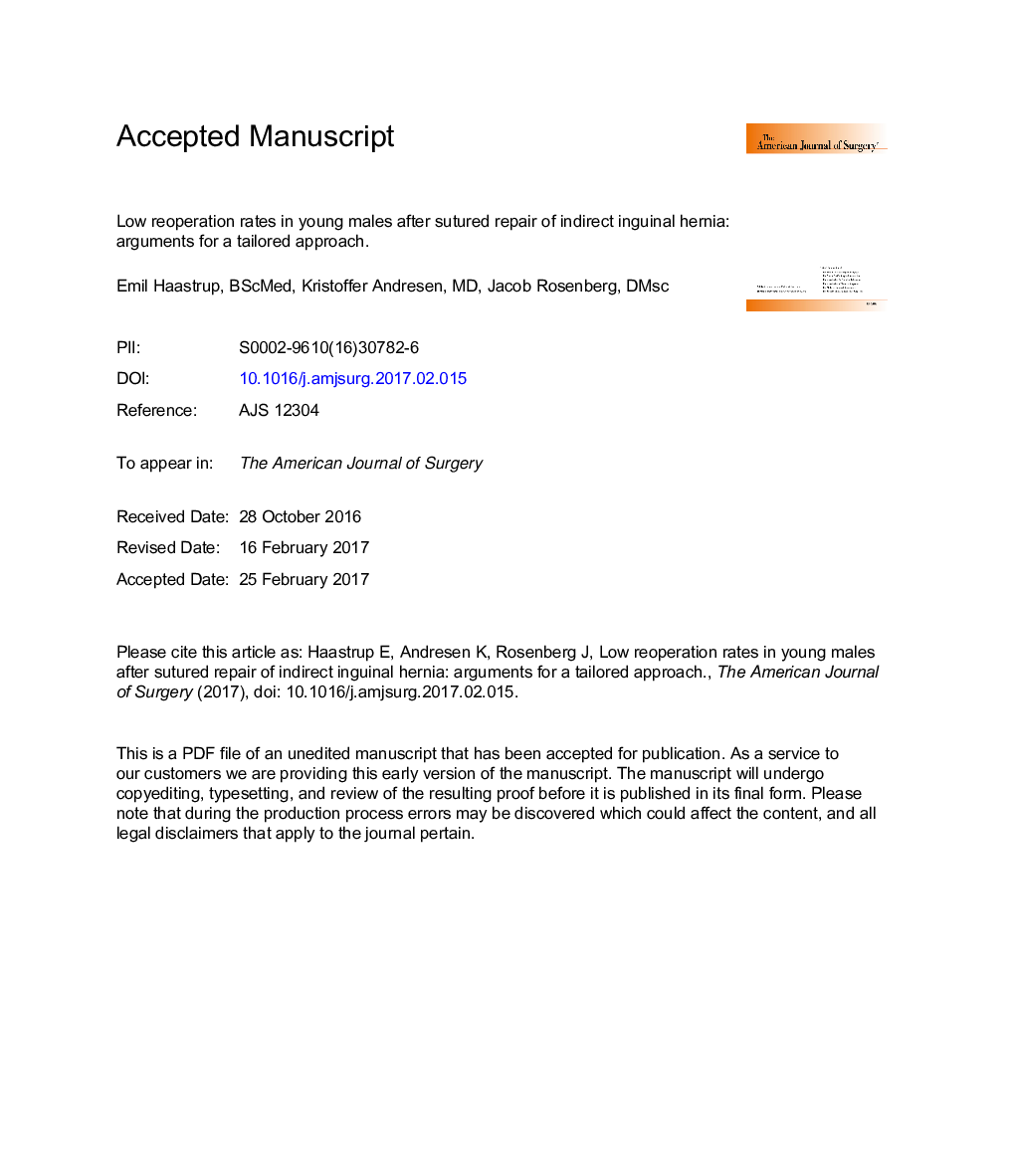 Low reoperation rates in young males after sutured repair of indirect inguinal hernia: Arguments for a tailored approach