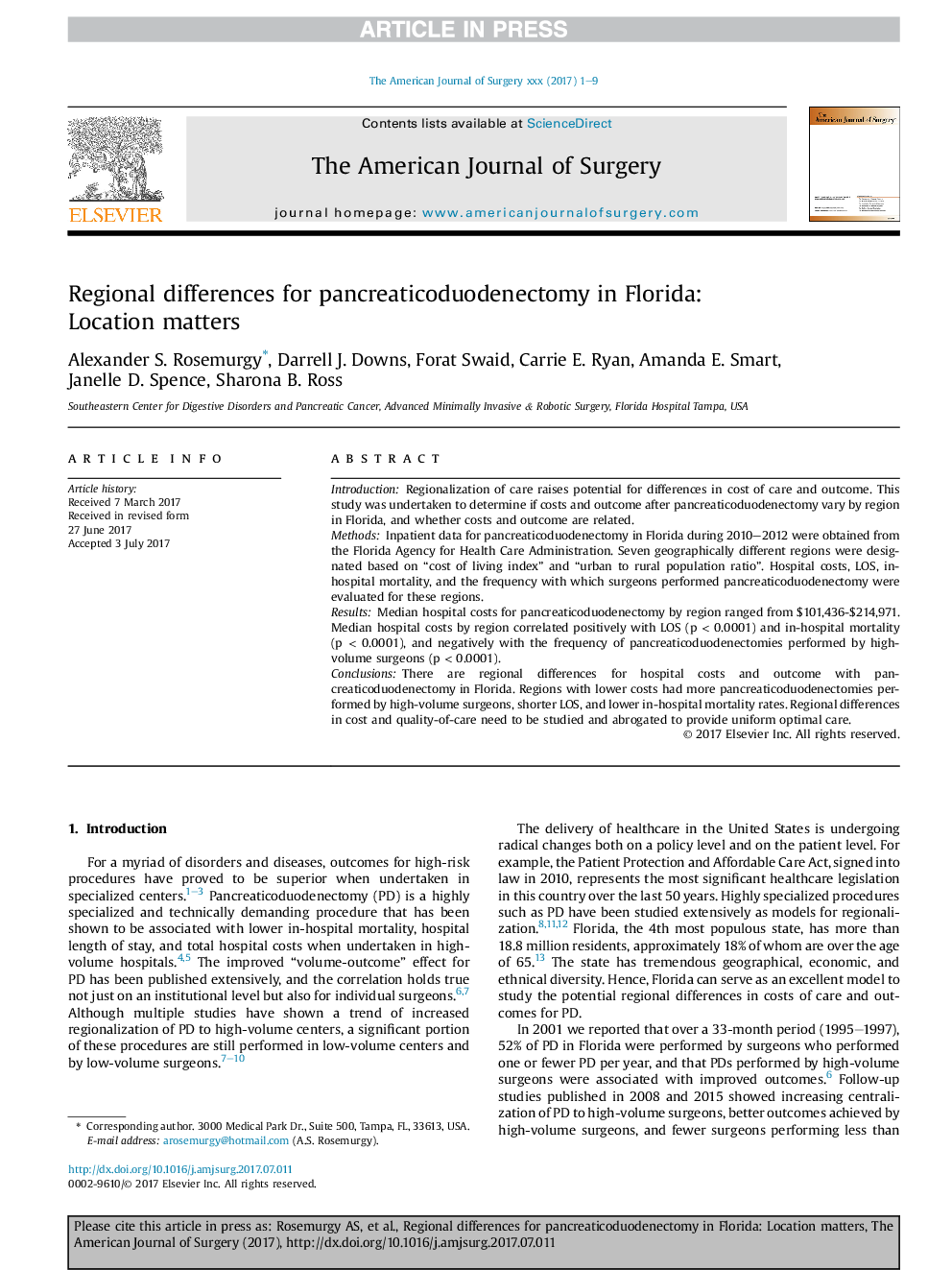 Regional differences for pancreaticoduodenectomy in Florida: Location matters