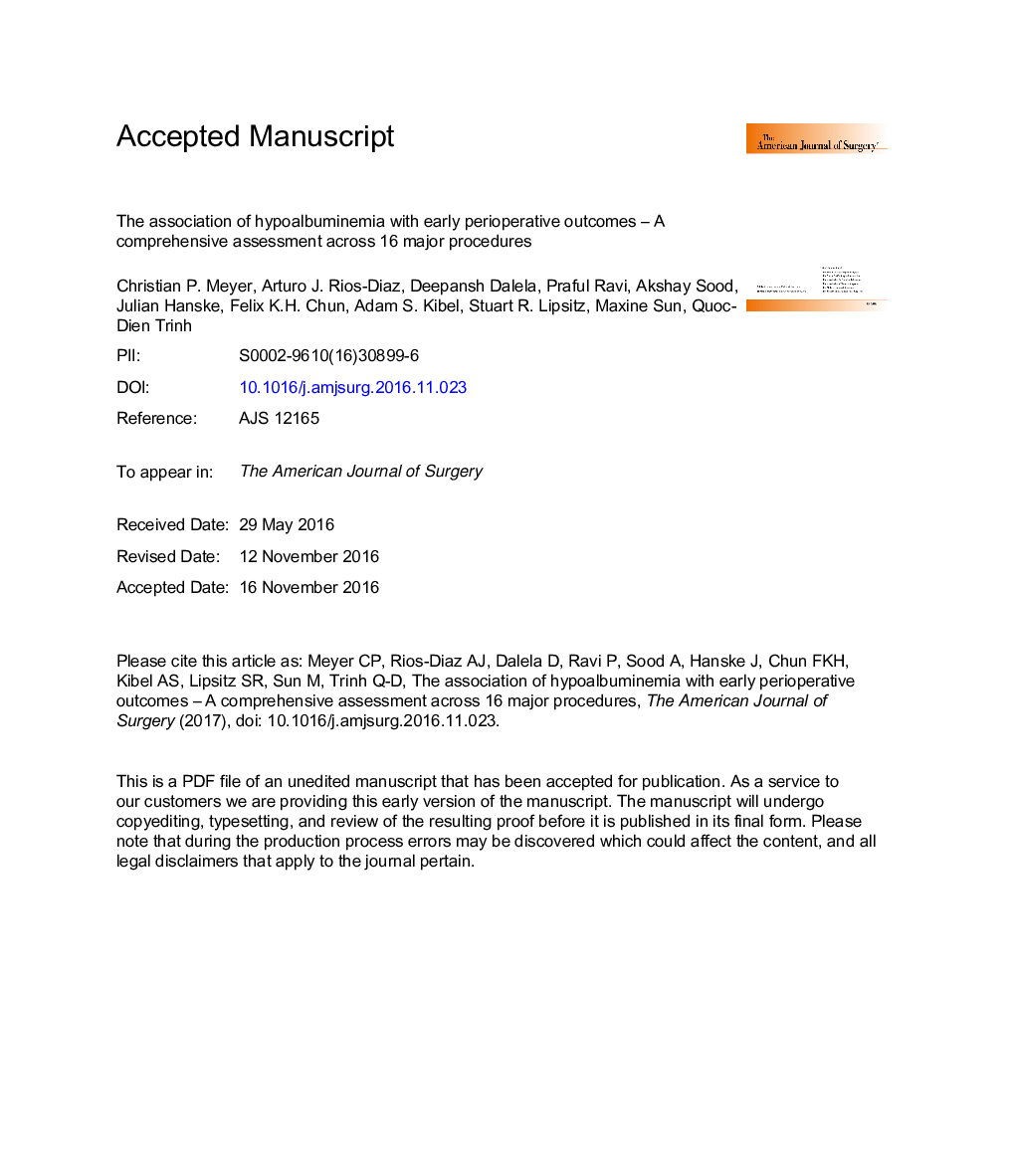 The association of hypoalbuminemia with early perioperative outcomes - A comprehensive assessment across 16 major procedures