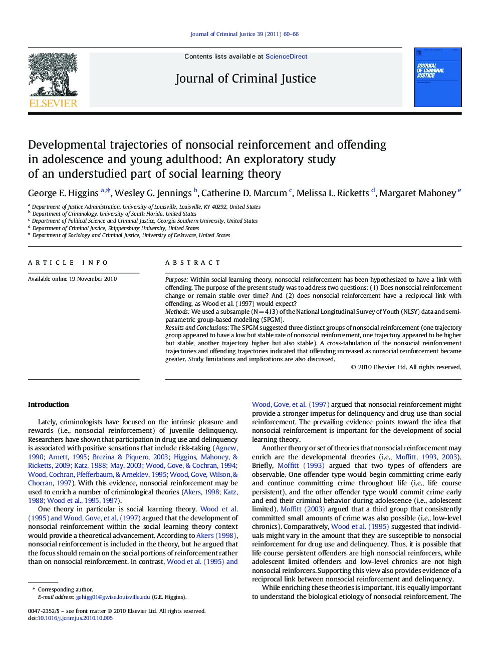 عکس صفحه اول مقاله: Developmental trajectories of nonsocial reinforcement and offending in adolescence and young adulthood: An exploratory study of an understudied part of social learning theory Developmental trajectories of nonsocial reinforcement and offending in adolescence and young adulthood: An exploratory study of an understudied part of social learning theory
