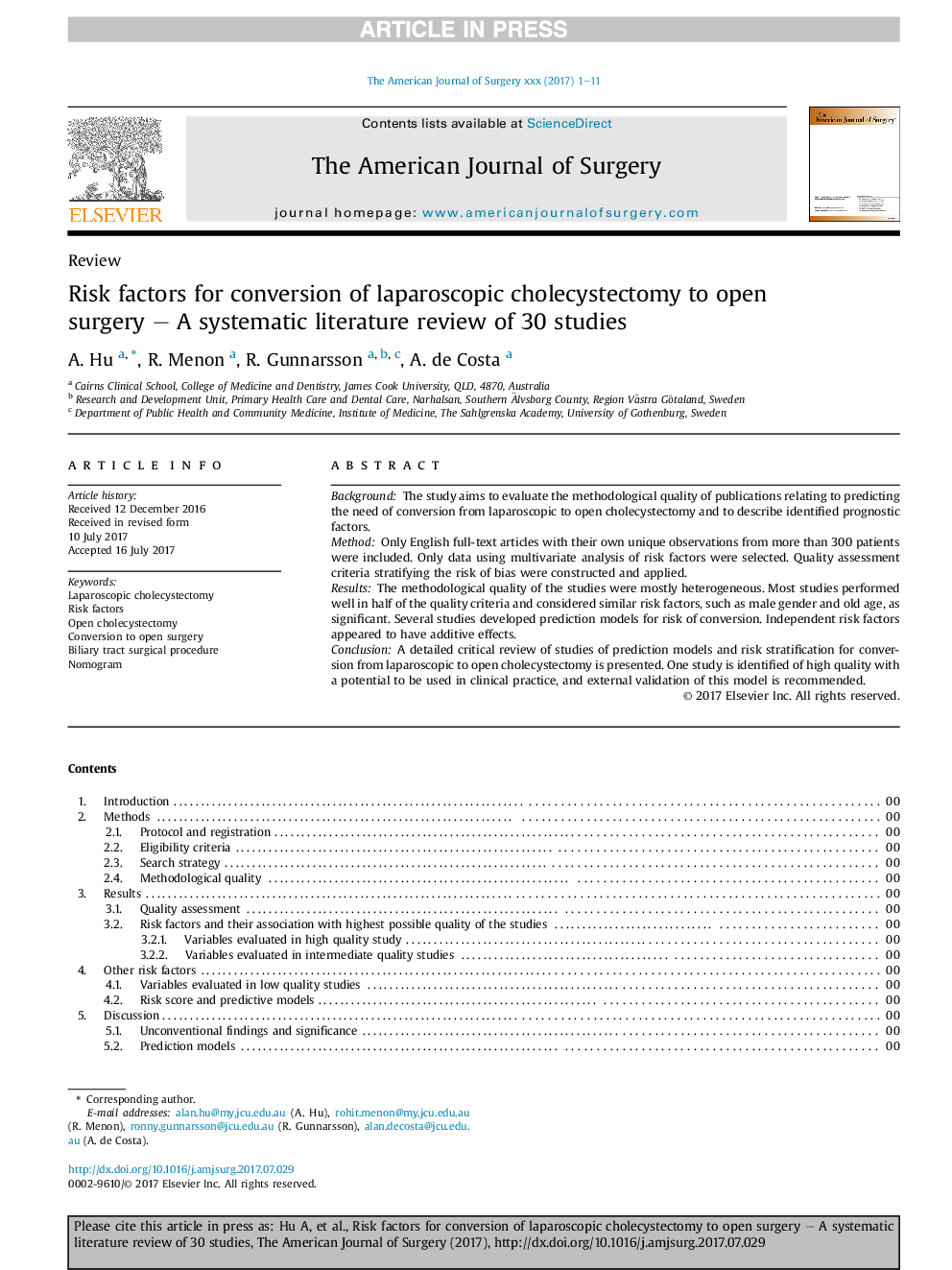 Risk factors for conversion of laparoscopic cholecystectomy to open surgery - A systematic literature review of 30 studies