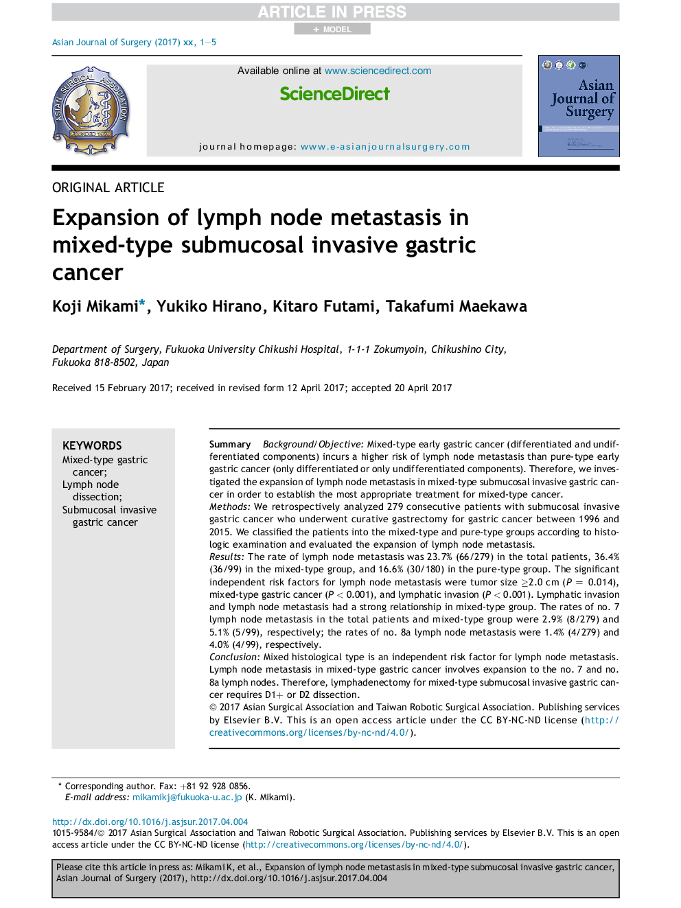 Expansion of lymph node metastasis in mixed-type submucosal invasive gastric cancer