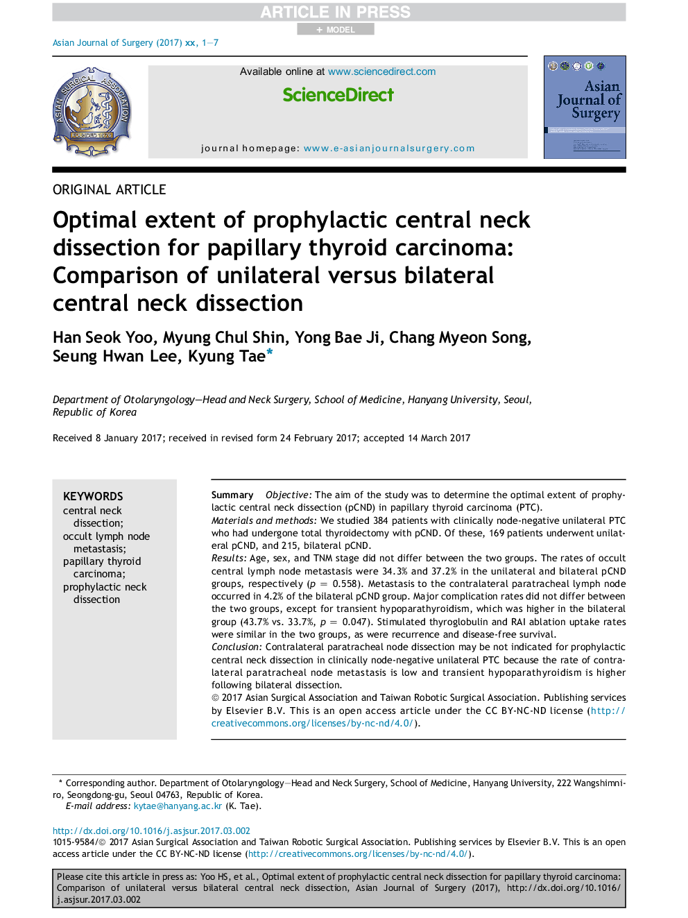 Optimal extent of prophylactic central neck dissection for papillary thyroid carcinoma: Comparison of unilateral versus bilateral central neck dissection