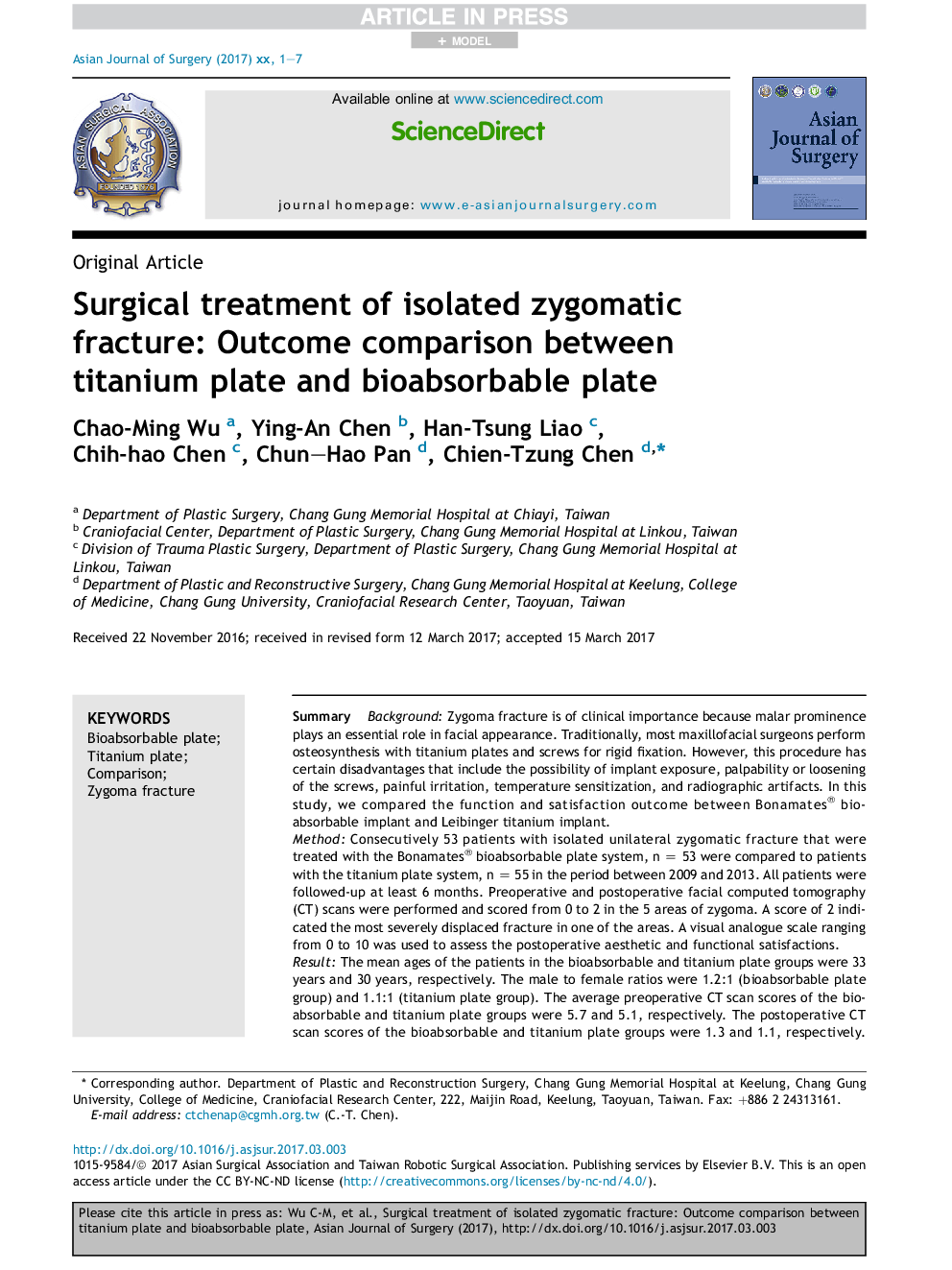 Surgical treatment of isolated zygomatic fracture: Outcome comparison between titanium plate and bioabsorbable plate