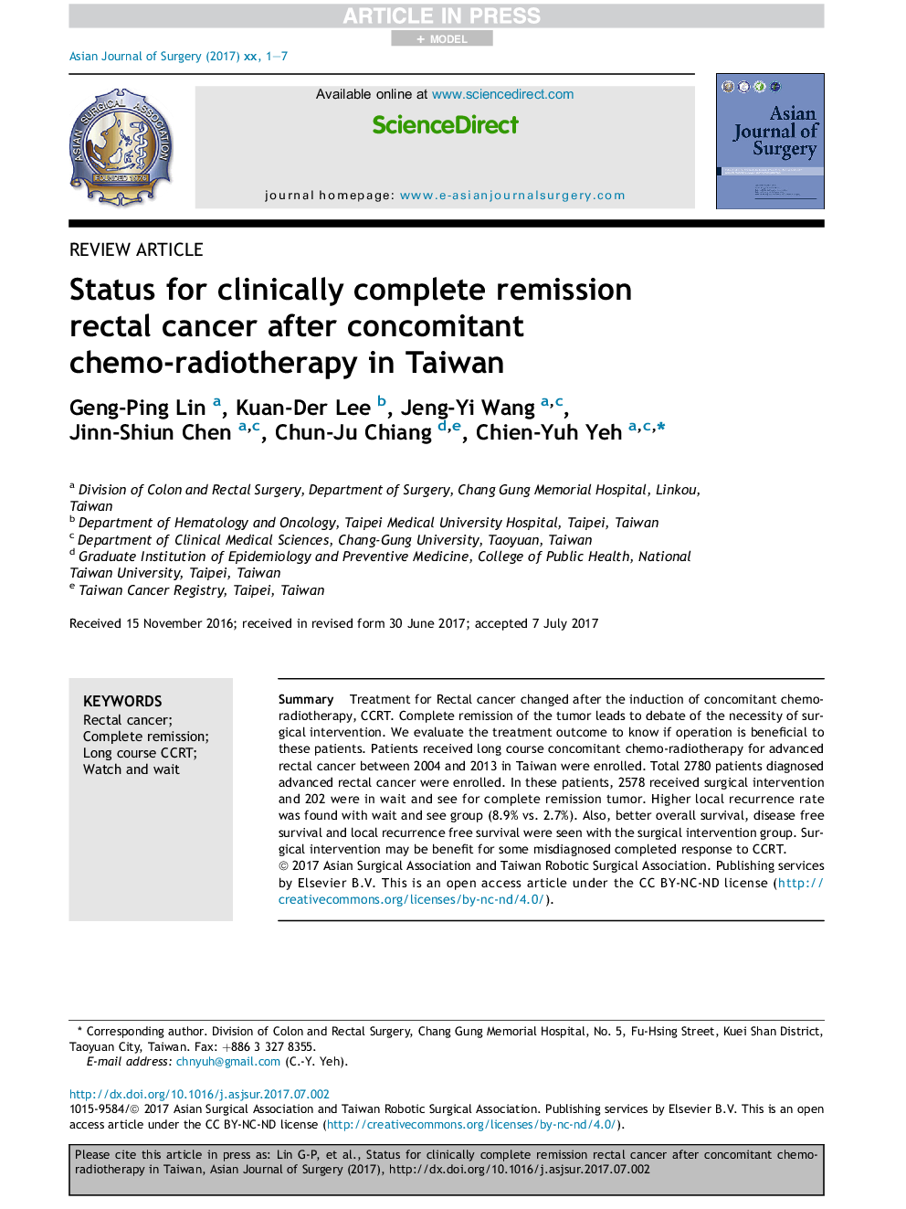 Status for clinically complete remission rectal cancer after concomitant chemo-radiotherapy in Taiwan