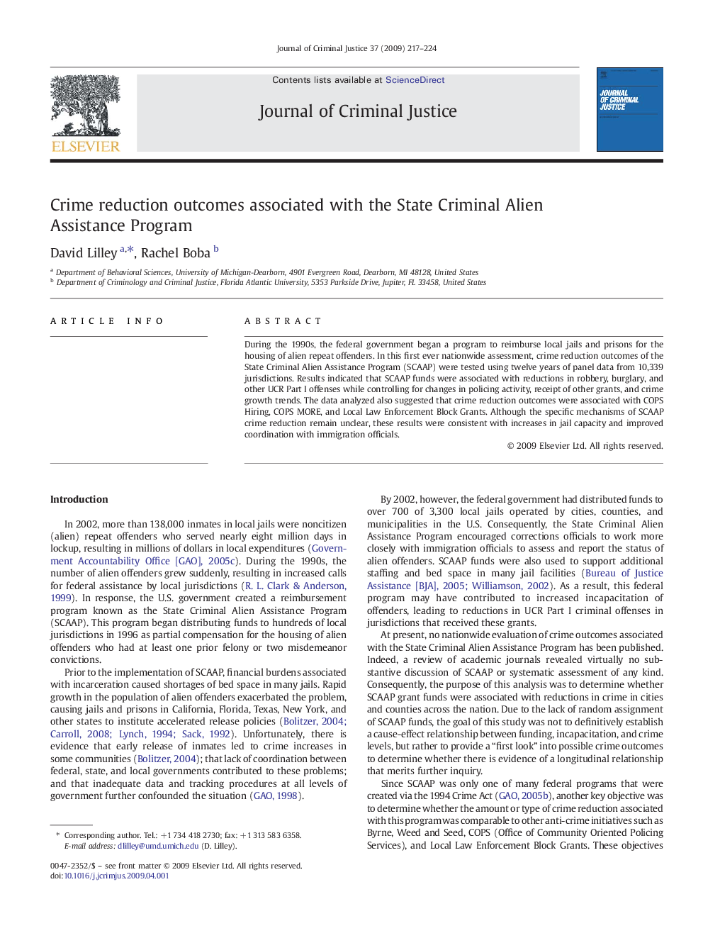 عکس صفحه اول مقاله: Crime reduction outcomes associated with the State Criminal Alien Assistance Program Crime reduction outcomes associated with the State Criminal Alien Assistance Program