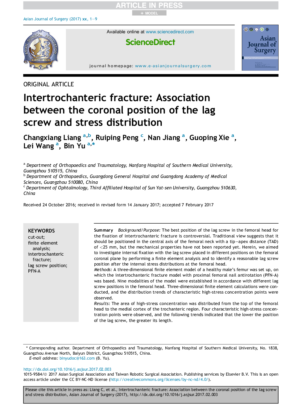 Intertrochanteric fracture: Association between the coronal position of the lag screw and stress distribution