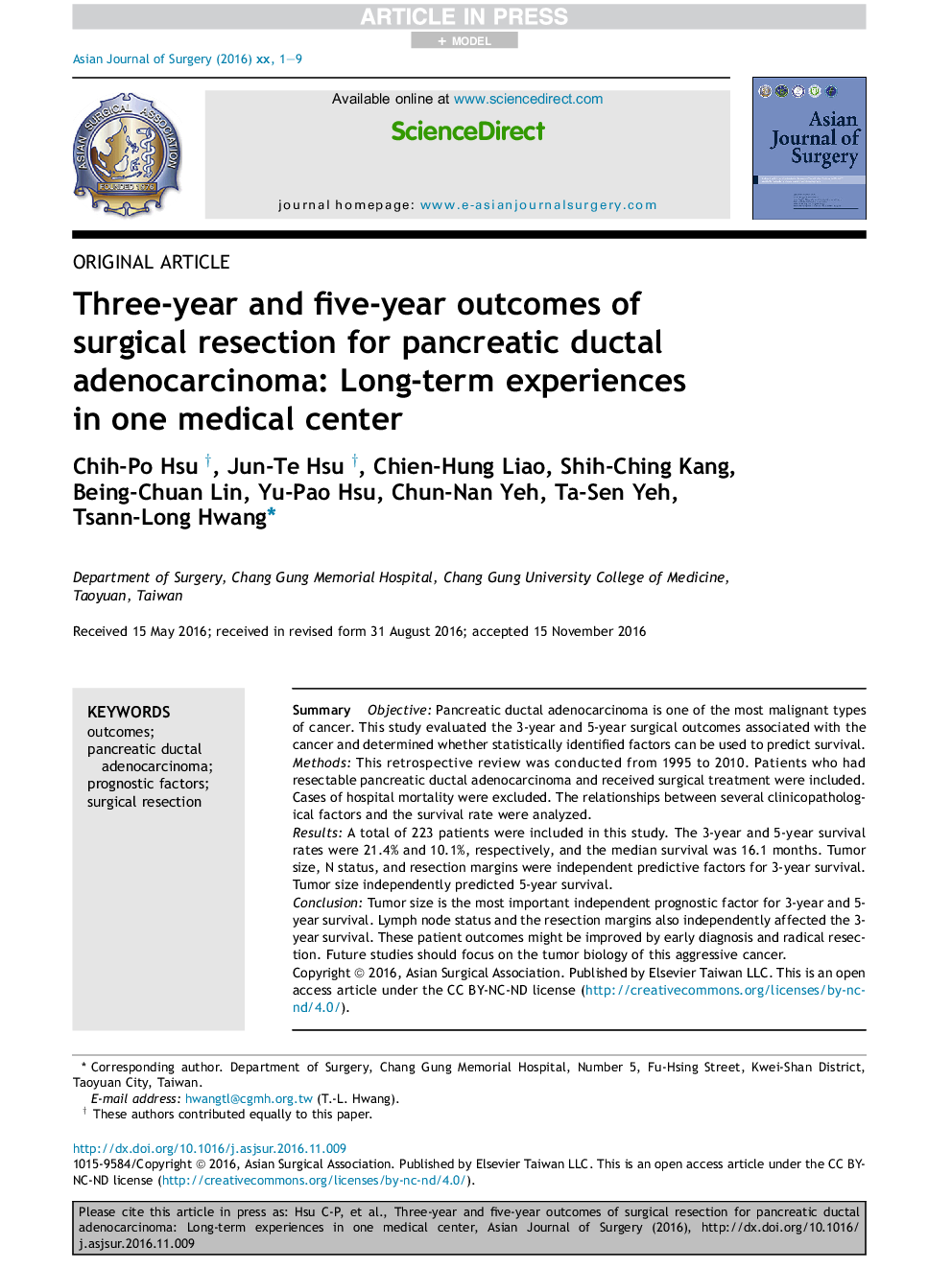 Three-year and five-year outcomes of surgical resection for pancreatic ductal adenocarcinoma: Long-term experiences in one medical center