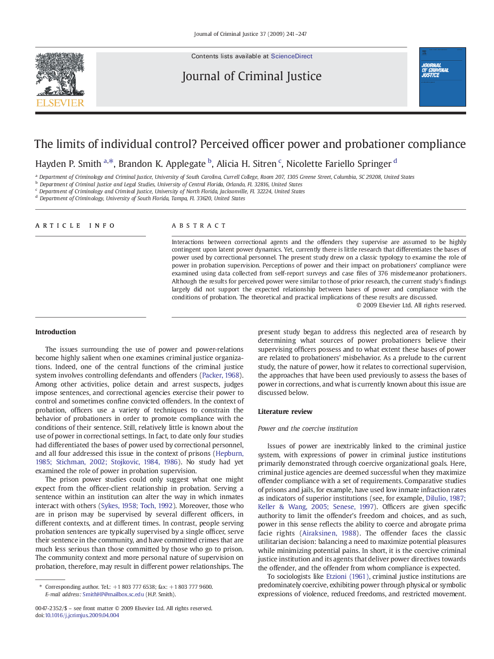 عکس صفحه اول مقاله: The limits of individual control? Perceived officer power and probationer compliance The limits of individual control? Perceived officer power and probationer compliance