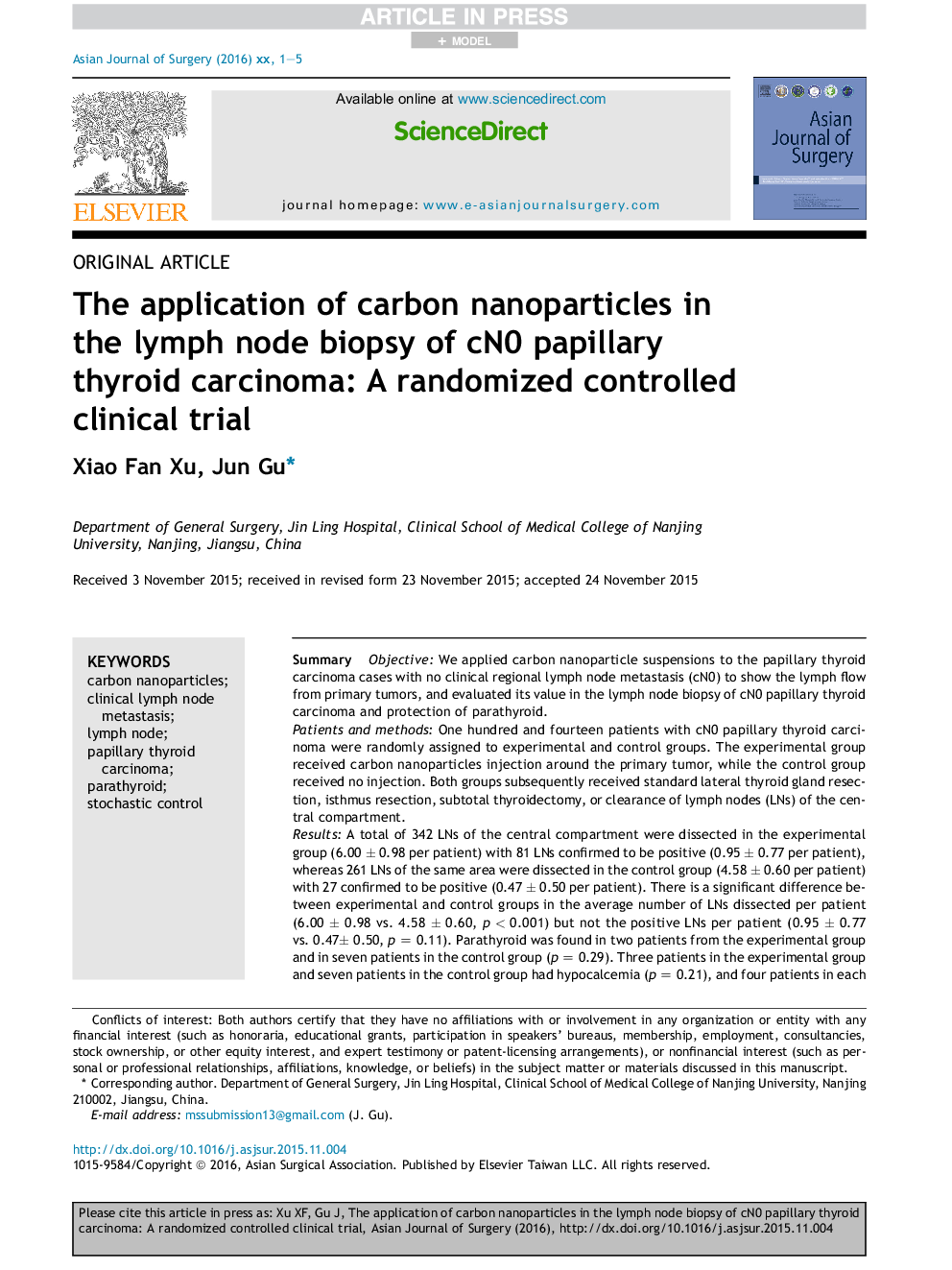 The application of carbon nanoparticles in the lymph node biopsy of cN0 papillary thyroid carcinoma: A randomized controlled clinical trial