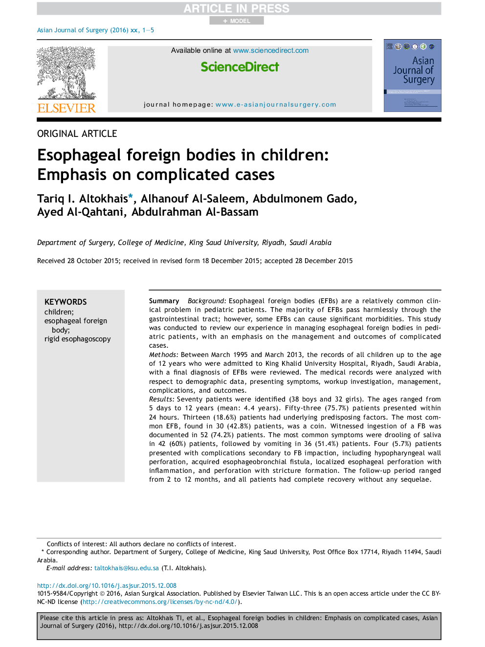 Esophageal foreign bodies in children: Emphasis on complicated cases