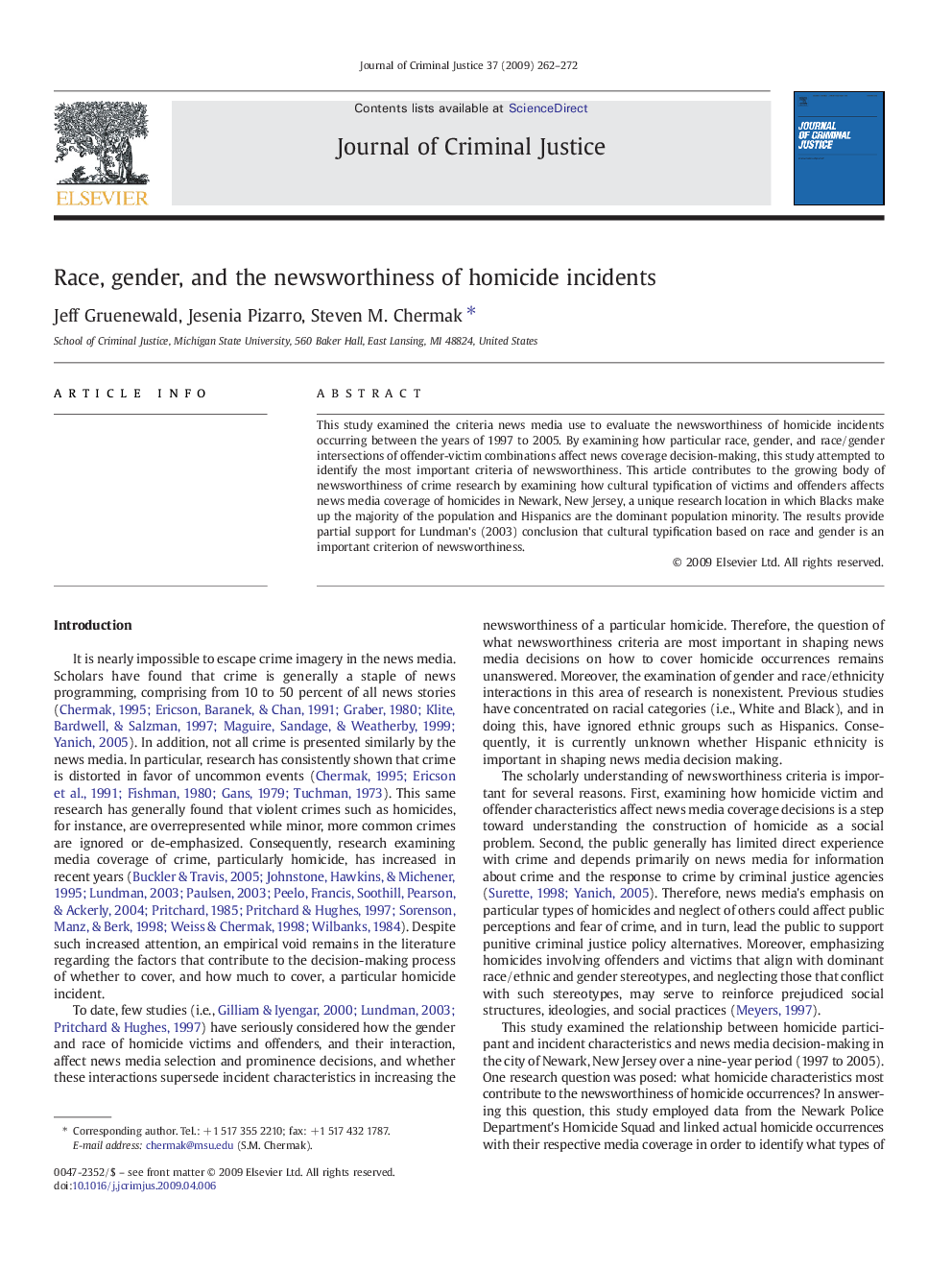 عکس صفحه اول مقاله: Race, gender, and the newsworthiness of homicide incidents Race, gender, and the newsworthiness of homicide incidents
