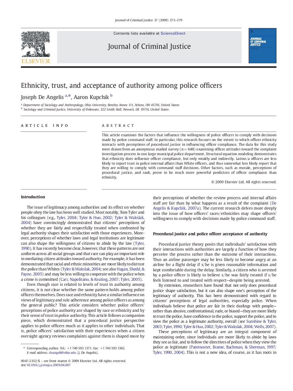 عکس صفحه اول مقاله: Ethnicity, trust, and acceptance of authority among police officers Ethnicity, trust, and acceptance of authority among police officers