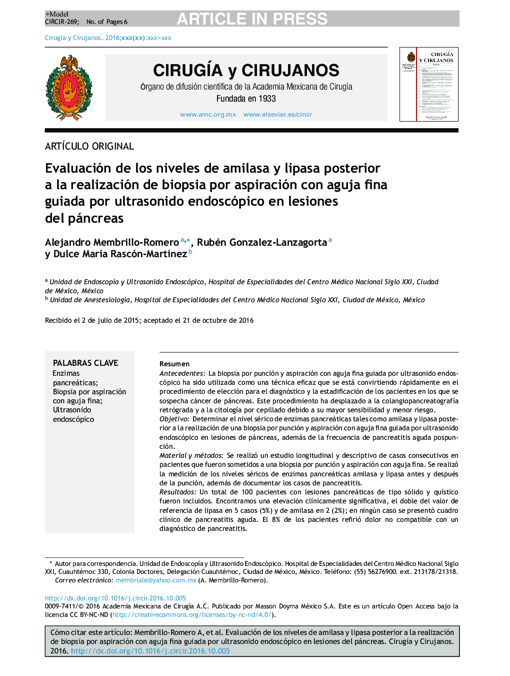 Evaluación de los niveles de amilasa y lipasa posterior a la realización de biopsia por aspiración con aguja fina guiada por ultrasonido endoscópico en lesiones del páncreas