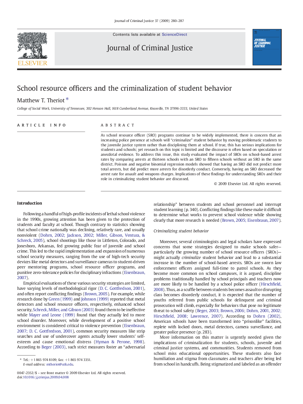 School resource officers and the criminalization of student behavior