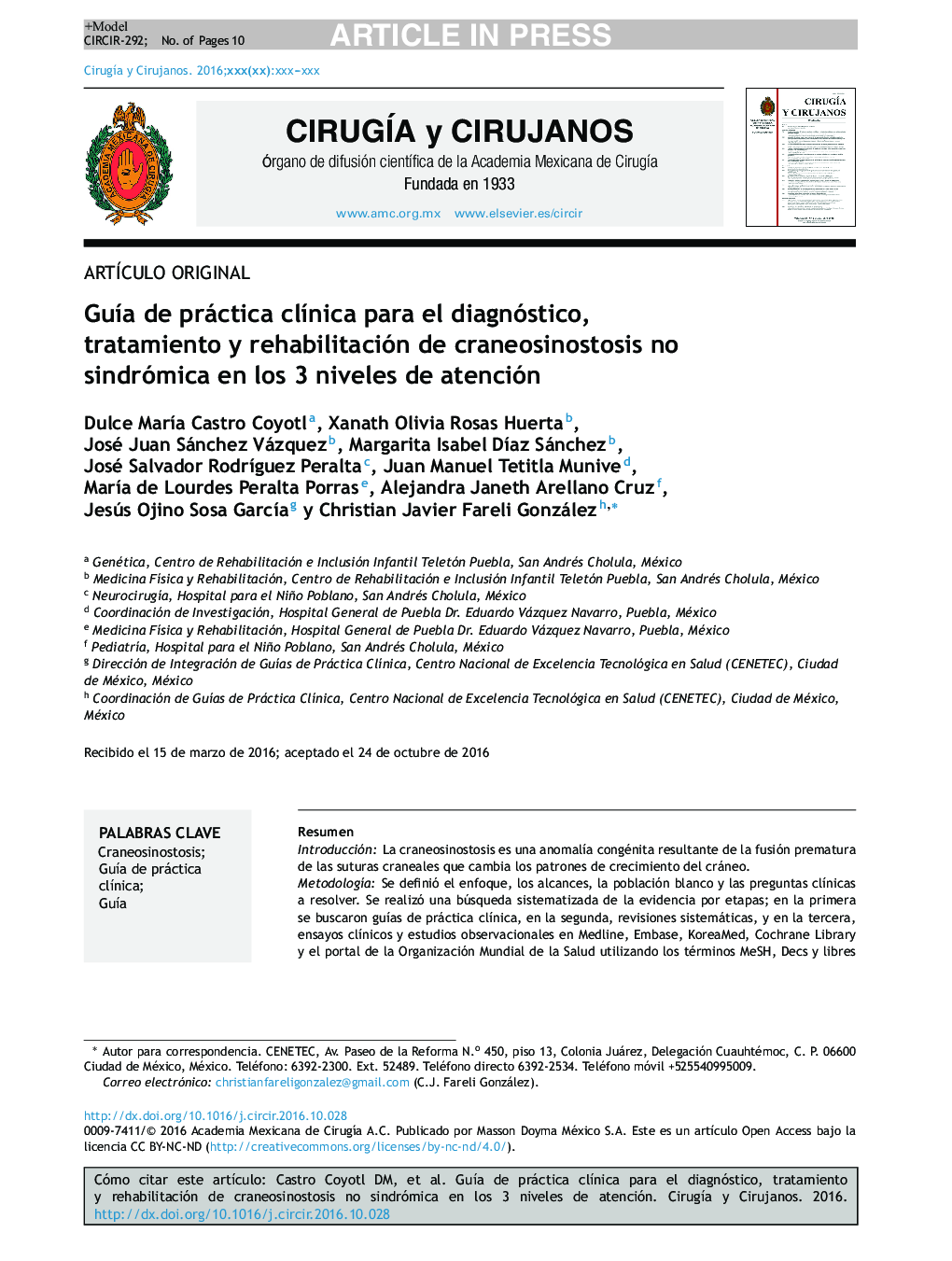 GuÃ­a de práctica clÃ­nica para el diagnóstico, tratamiento y rehabilitación de craneosinostosis no sindrómica en los 3 niveles de atención