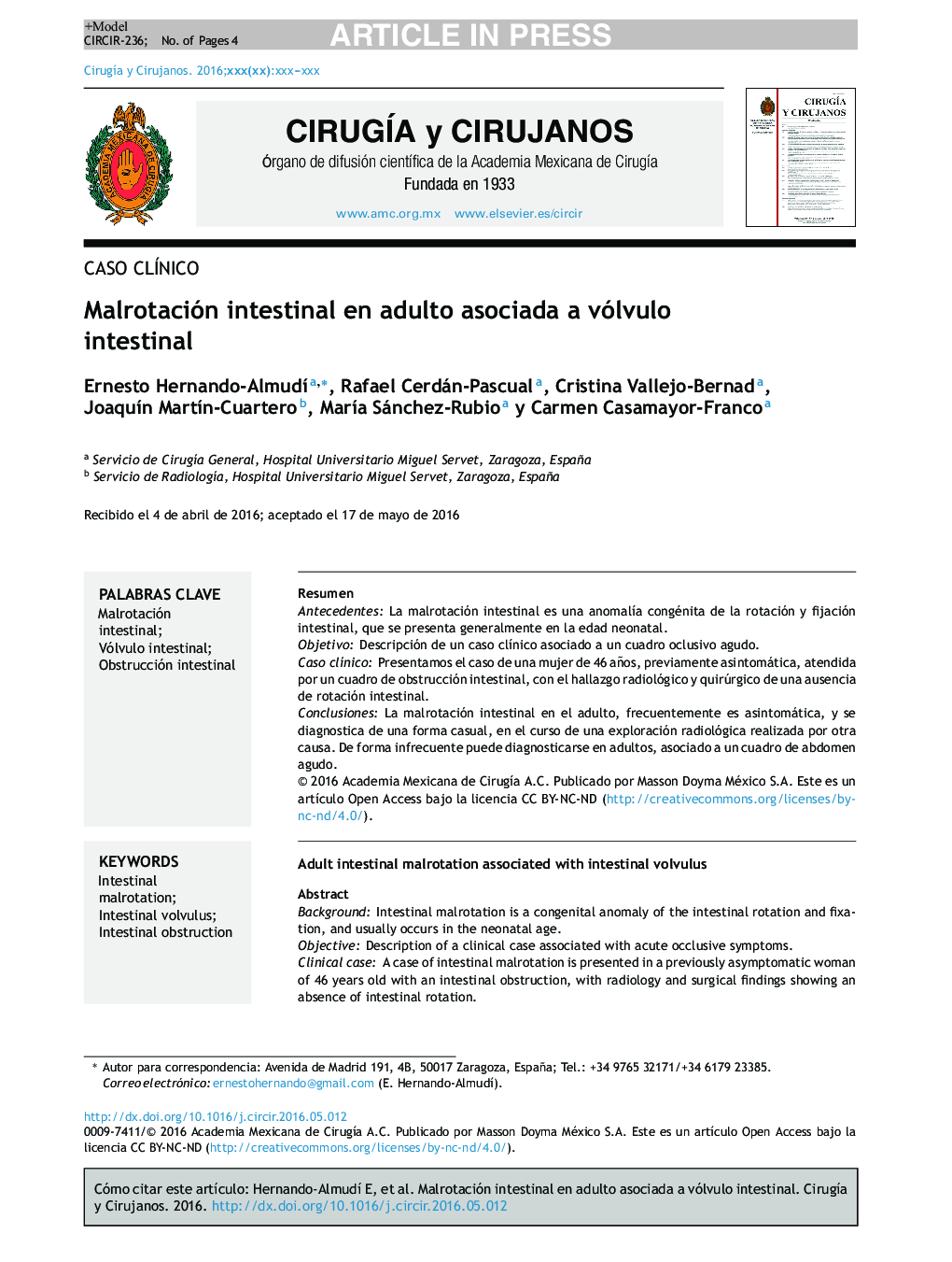 Malrotación intestinal en adulto asociada a vólvulo intestinal