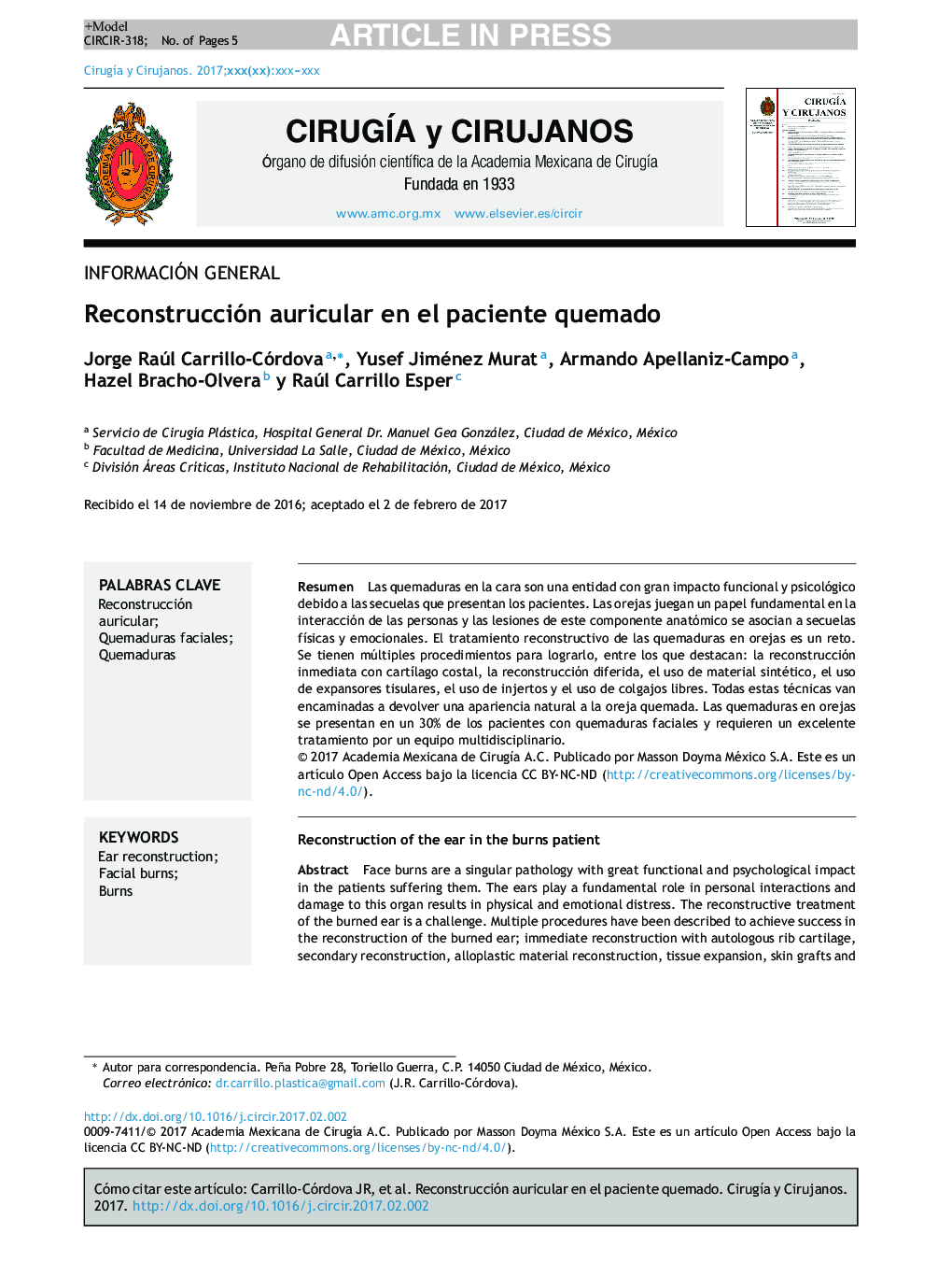 Reconstrucción auricular en el paciente quemado