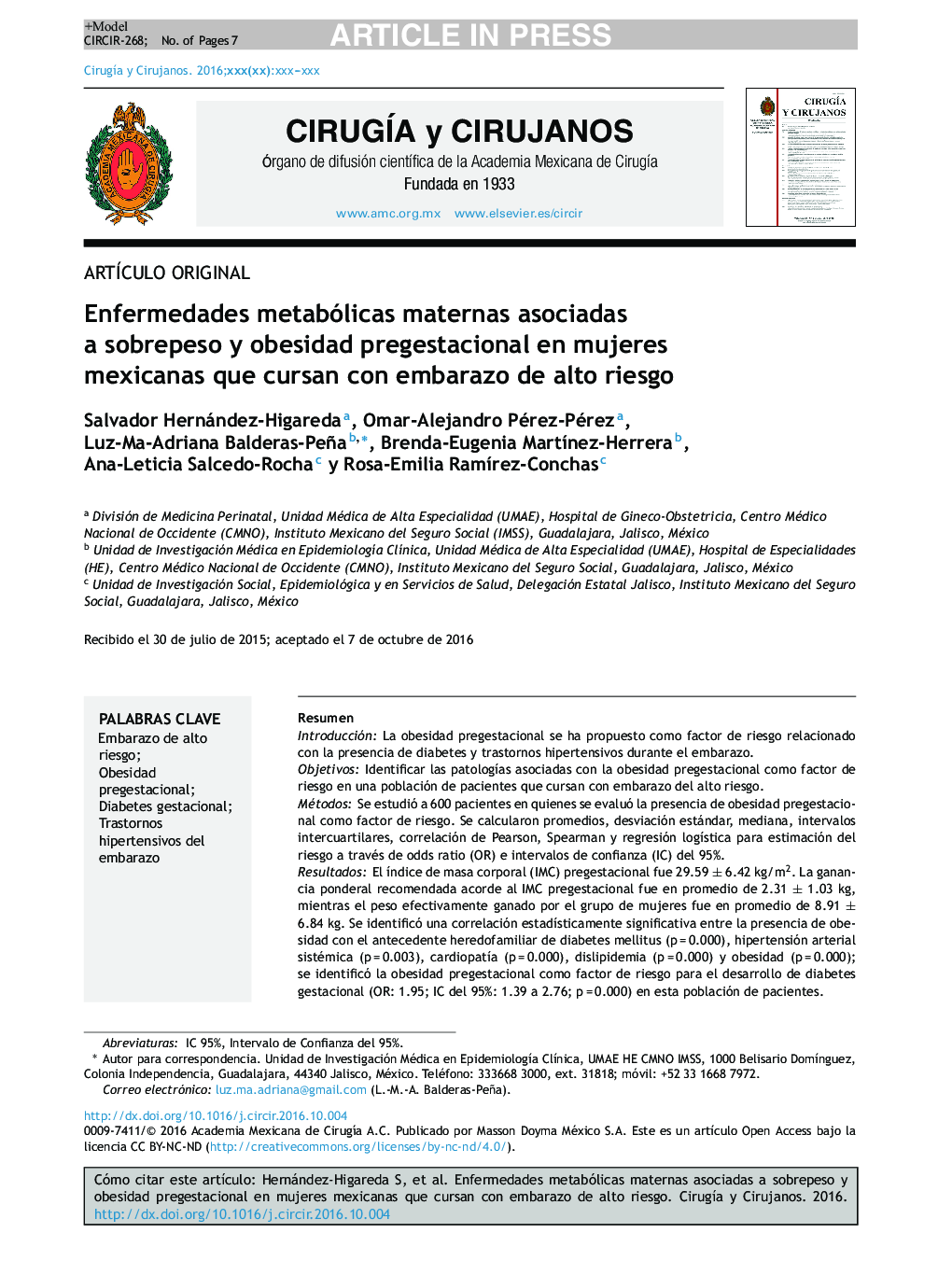 Enfermedades metabólicas maternas asociadas a sobrepeso y obesidad pregestacional en mujeres mexicanas que cursan con embarazo de alto riesgo