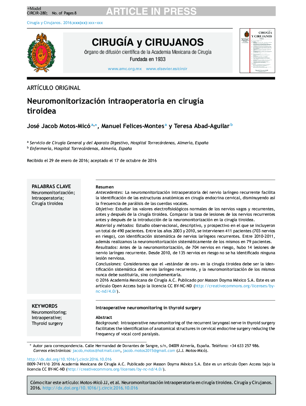 Neuromonitorización intraoperatoria en cirugÃ­a tiroidea