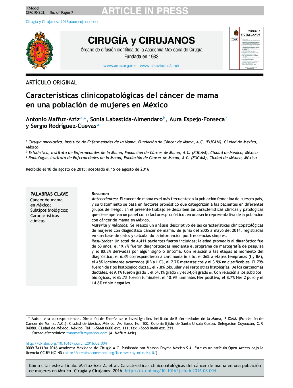 CaracterÃ­sticas clinicopatológicas del cáncer de mama en una población de mujeres en México