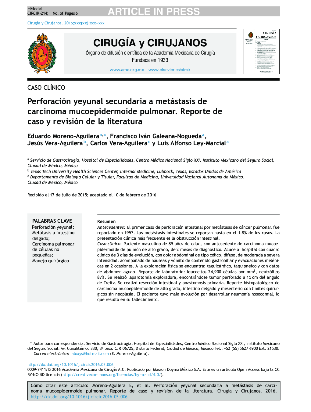 Perforación yeyunal secundaria a metástasis de carcinoma mucoepidermoide pulmonar. Reporte de caso y revisión de la literatura