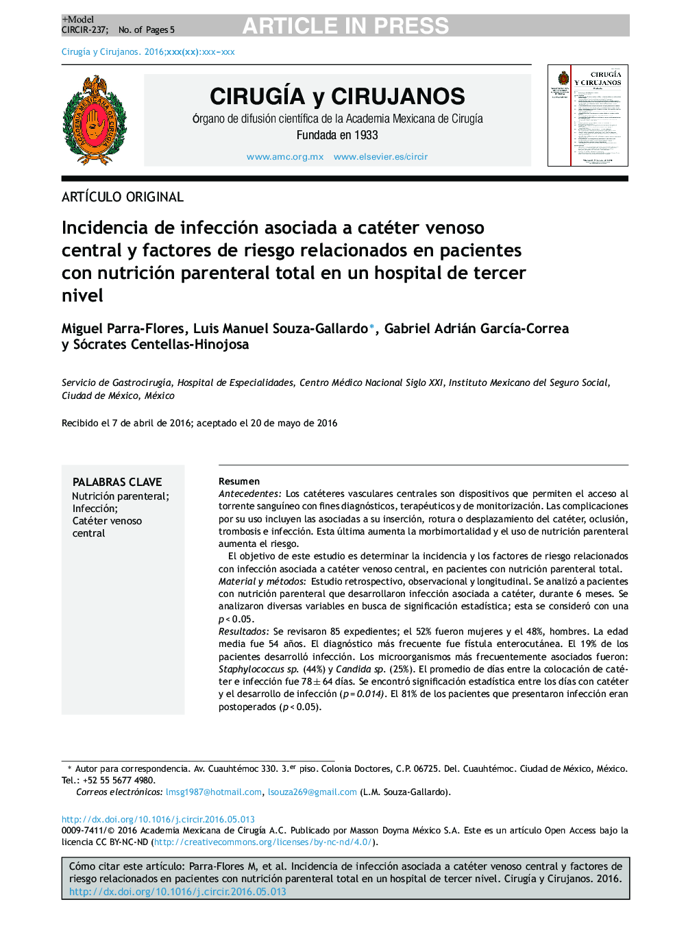 Incidencia de infección asociada a catéter venoso central y factores de riesgo relacionados en pacientes con nutrición parenteral total en un hospital de tercer nivel