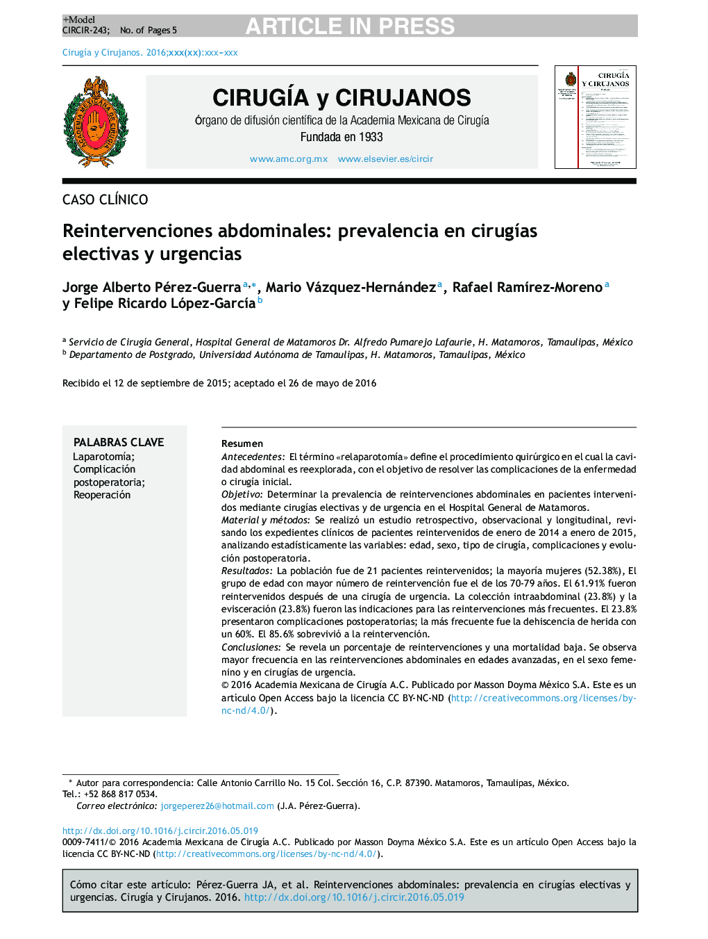 Reintervenciones abdominales: prevalencia en cirugÃ­as electivas y urgencias