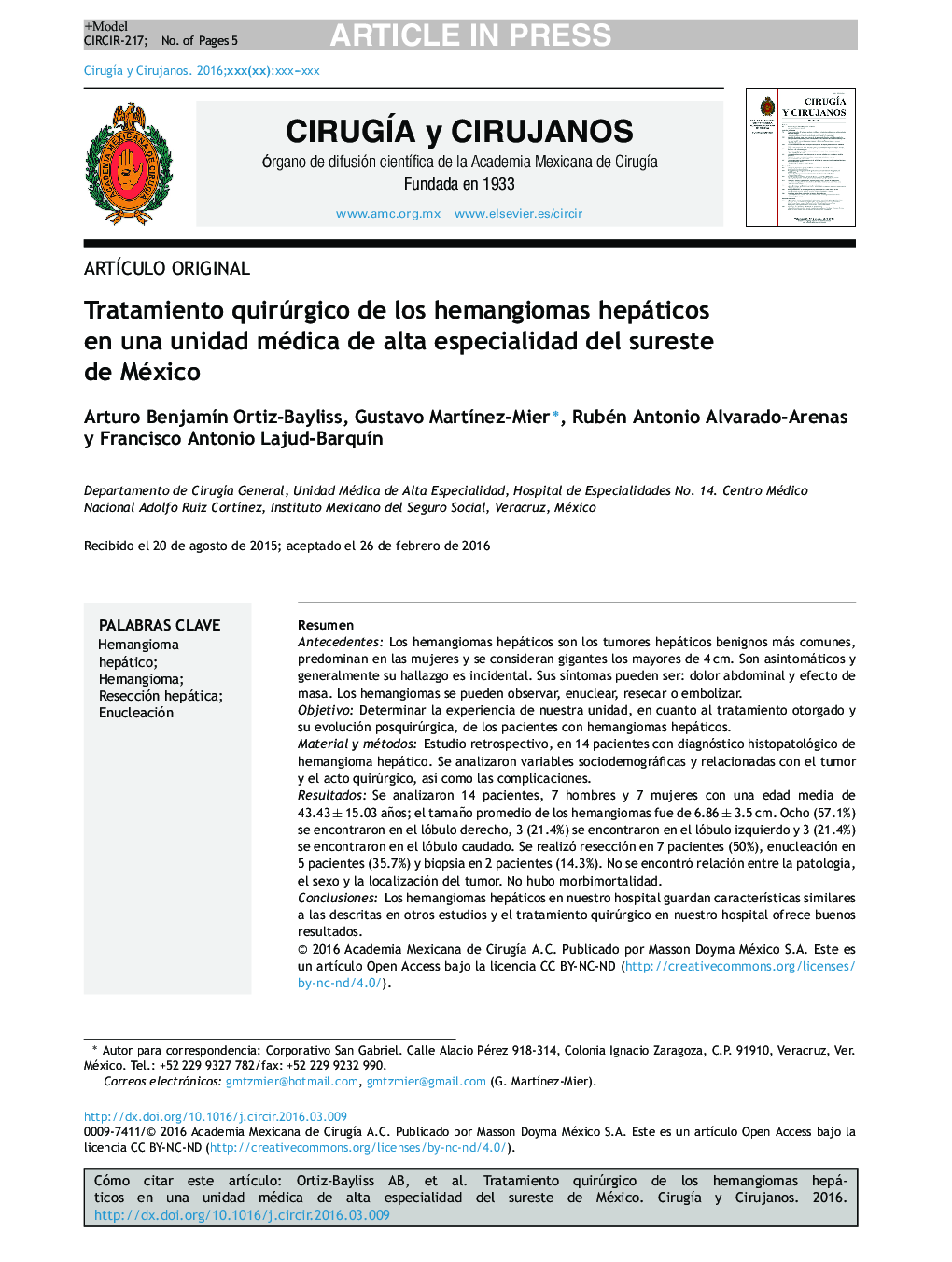 Tratamiento quirúrgico de los hemangiomas hepáticos en una unidad médica de alta especialidad del sureste de México