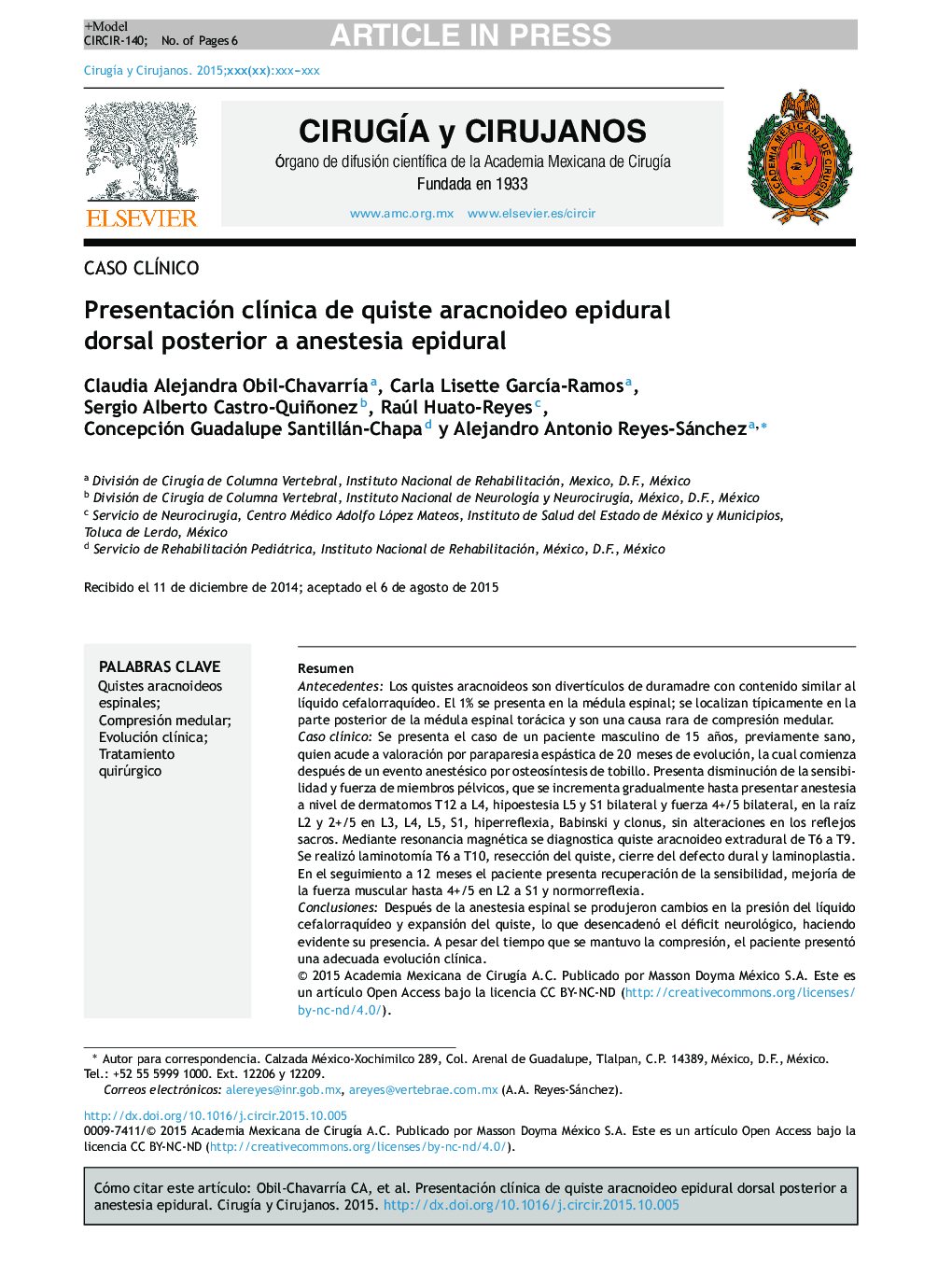 Presentación clÃ­nica de quiste aracnoideo epidural dorsal posterior a anestesia epidural