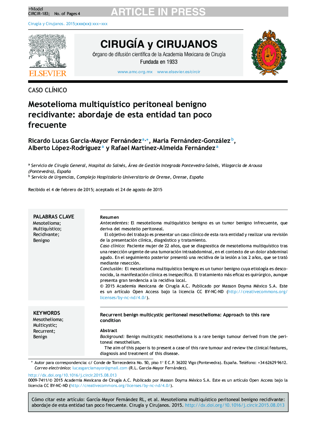 Mesotelioma multiquÃ­stico peritoneal benigno recidivante: abordaje de esta entidad tan poco frecuente