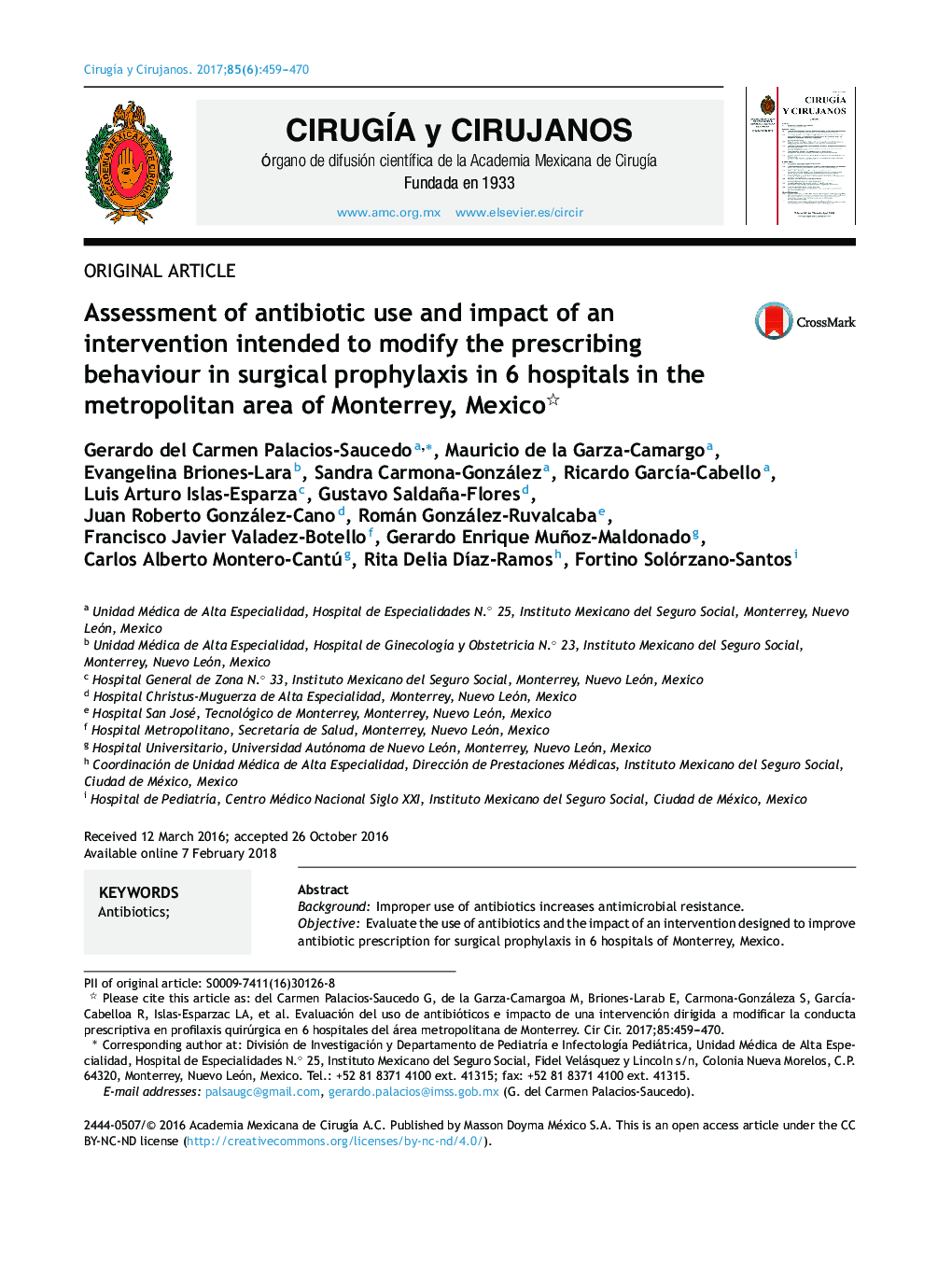 Assessment of antibiotic use and impact of an intervention intended to modify the prescribing behaviour in surgical prophylaxis in 6 hospitals in the metropolitan area of Monterrey, Mexico
